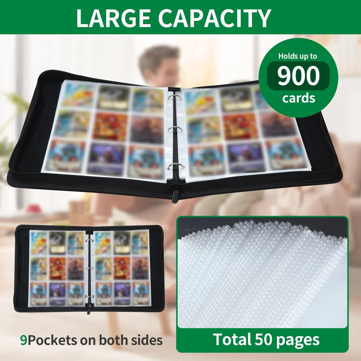 Raccoglitore Carte Magic,Album Porta Carte,Nero,50 Pagine 900 Raccoglitore di Carte,Design Con Zip,Album per Carte Portatili Per Per la raccolta di giochi, regali e carte sportive ﻿ (A-Nero)