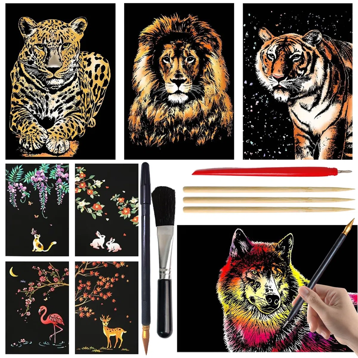 Set da 8 Disegni da Grattare per Adulti & Bambini, Arte in Foglio con Strumenti, Serie Animali (Formato A4/A5)