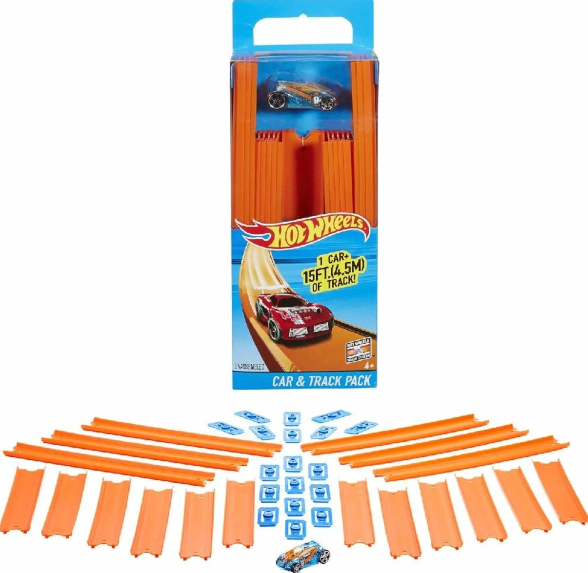 Hot Wheels- Track Builder 15 Rettilinei e 1 Macchinina e Altri Accessori, Giocattolo per Bambini 4+Anni, BHT77