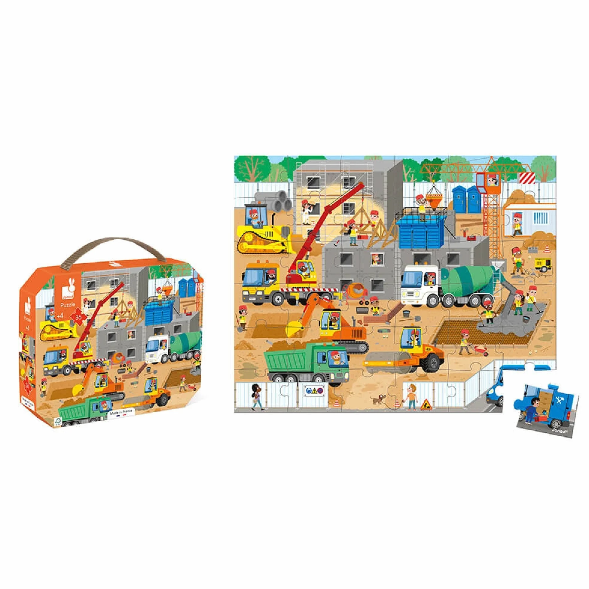 Janod - Puzzle Bambini Il Cantiere 36 Pezzi - Gioco Educativo Abilità Fino-Motorie e Concentrazione - Valigetta con Impugnatura - Fabbricato in Francia e Certificato FSC - Dai 4 Anni, J02604