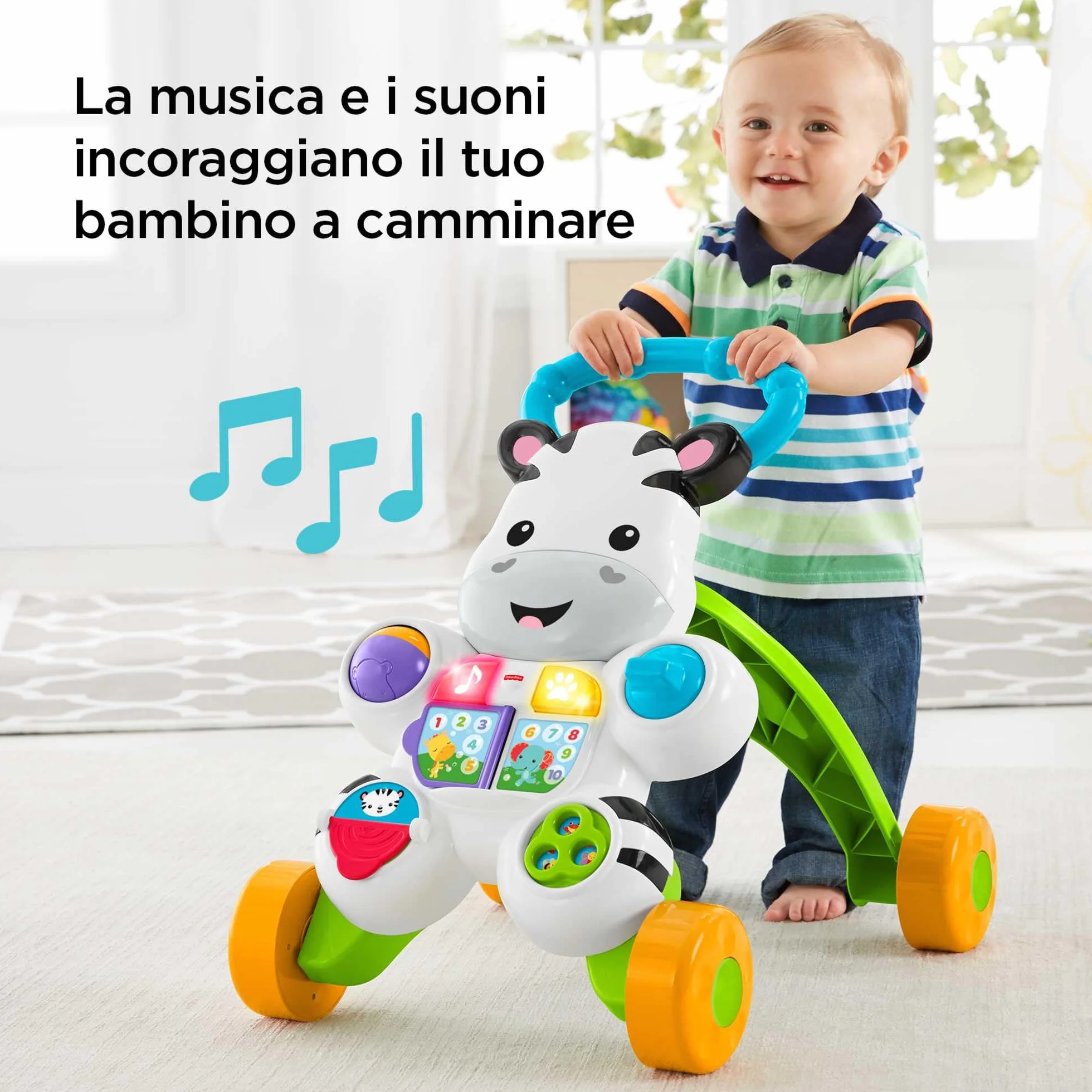 Fisher-Price Zebra Primi Passi Spingibile, Giocattolo Elettronico Educativo con Musica e Suoni, per Camminare, per Bambini di 6+ Mesi, Italiano Imballaggio Sostenibile, HBB66
