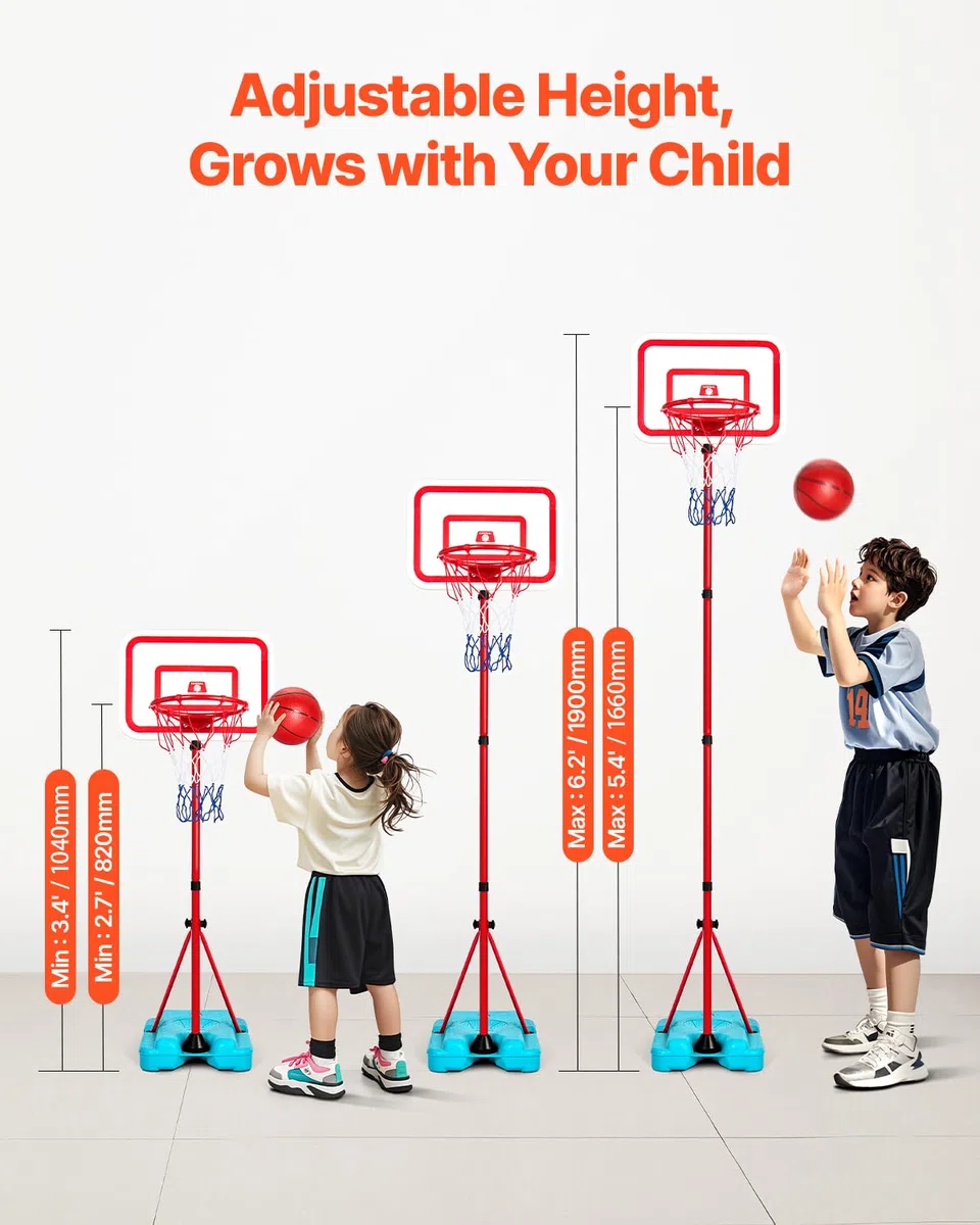 VEVOR Canestro da Basket per Bambini, Altezza Regolabile, Campo da Basket Portatile con Base Riempibile, Gioco Sportivo da Giardino per Interni ed Esterni, Giocattoli da Basket per Bambini, Rosso Blu