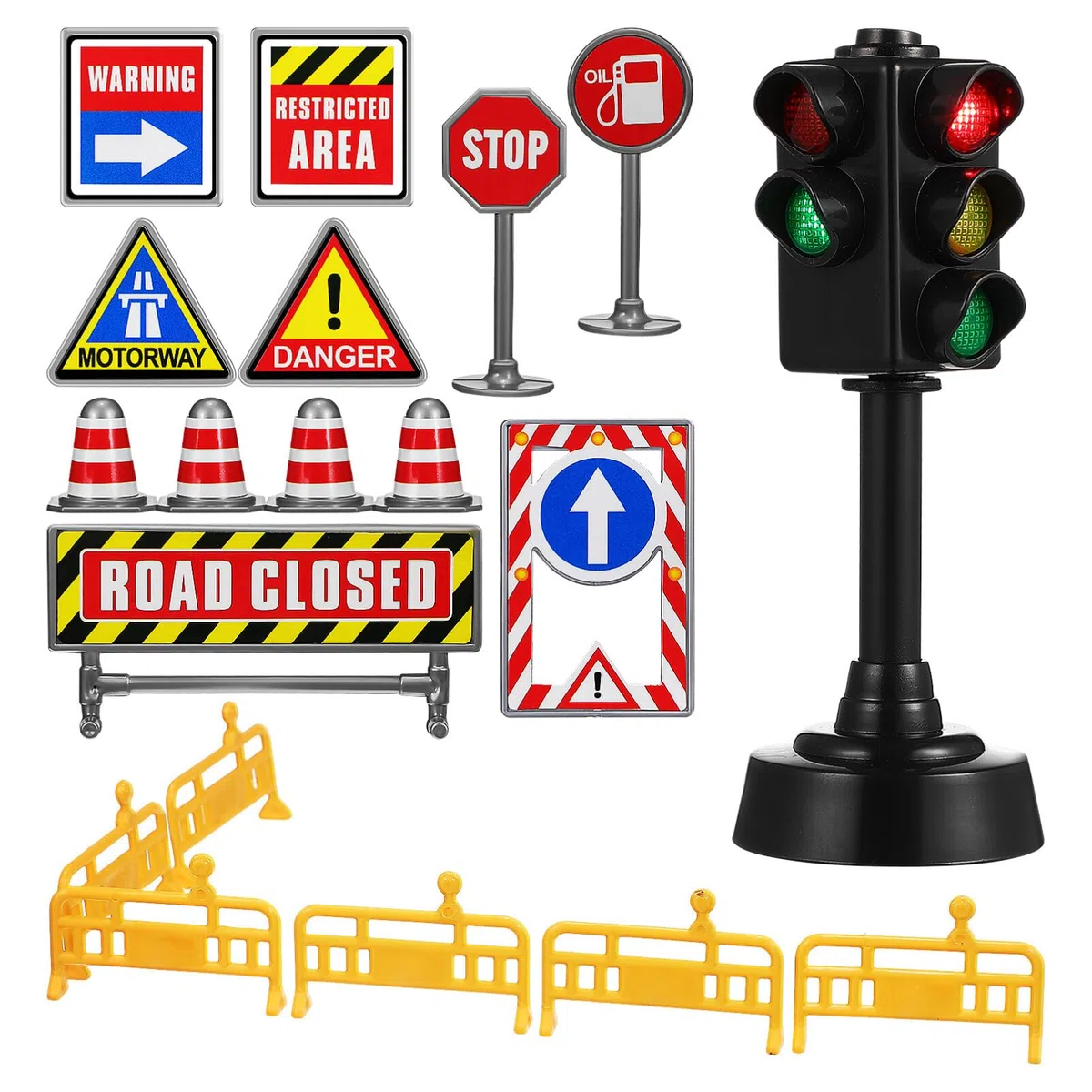 Set di Segnali Stradali Mini per Bambini Include 6 Mini Coni Stradali 12 Segnali Adesivi E 1 Semaforo Giocattoli Educativi per Insegnare Le Regole del Traffico