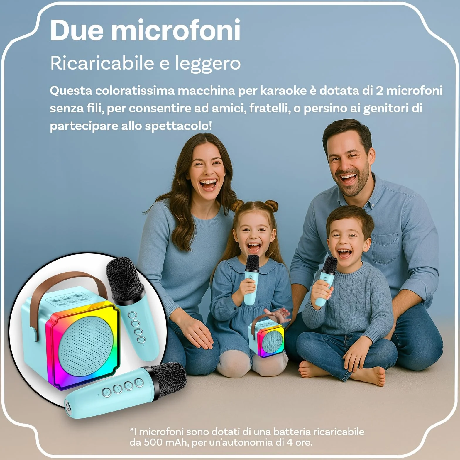 Macchina Karaoke per Bambini con 2 Microfoni Wireless di MMOBIEL – Portatile Cassa Bluetooth, 2 Microfono, Luce LED, Effetti Vocali – Giocattolo Musicale, Regalo per Ragazze, Ragazzi, Bambini 3+, Blu