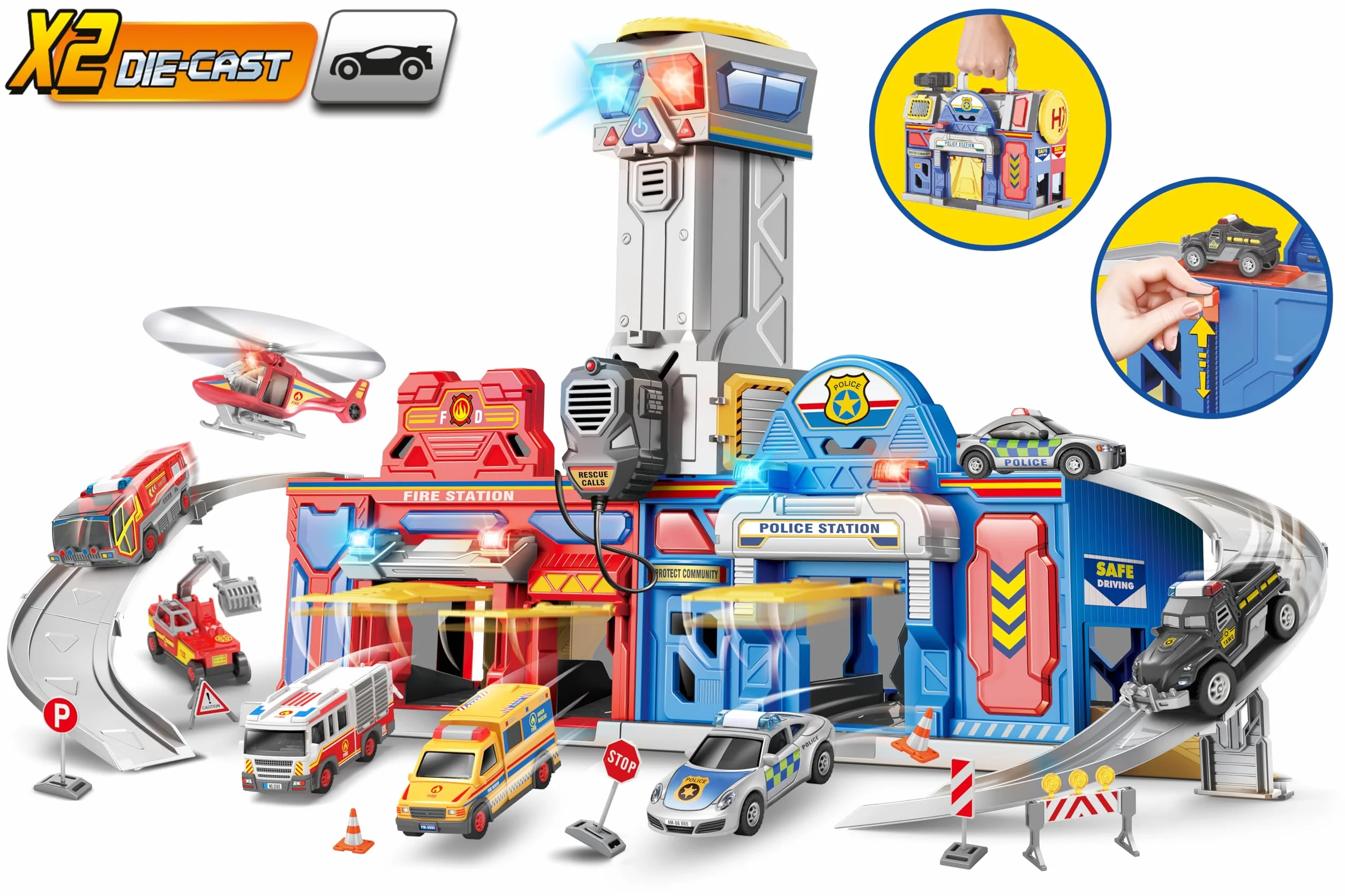 Grande stazione di Emergenza con Suoni e Luci - Pompieri e Polizia - Suoni e Luci - Megafono - 2 Modellini auto die-cast incluse - Dimensioni 75 x H 39 x 30 cm - Globo Giocattoli - WToy 42189