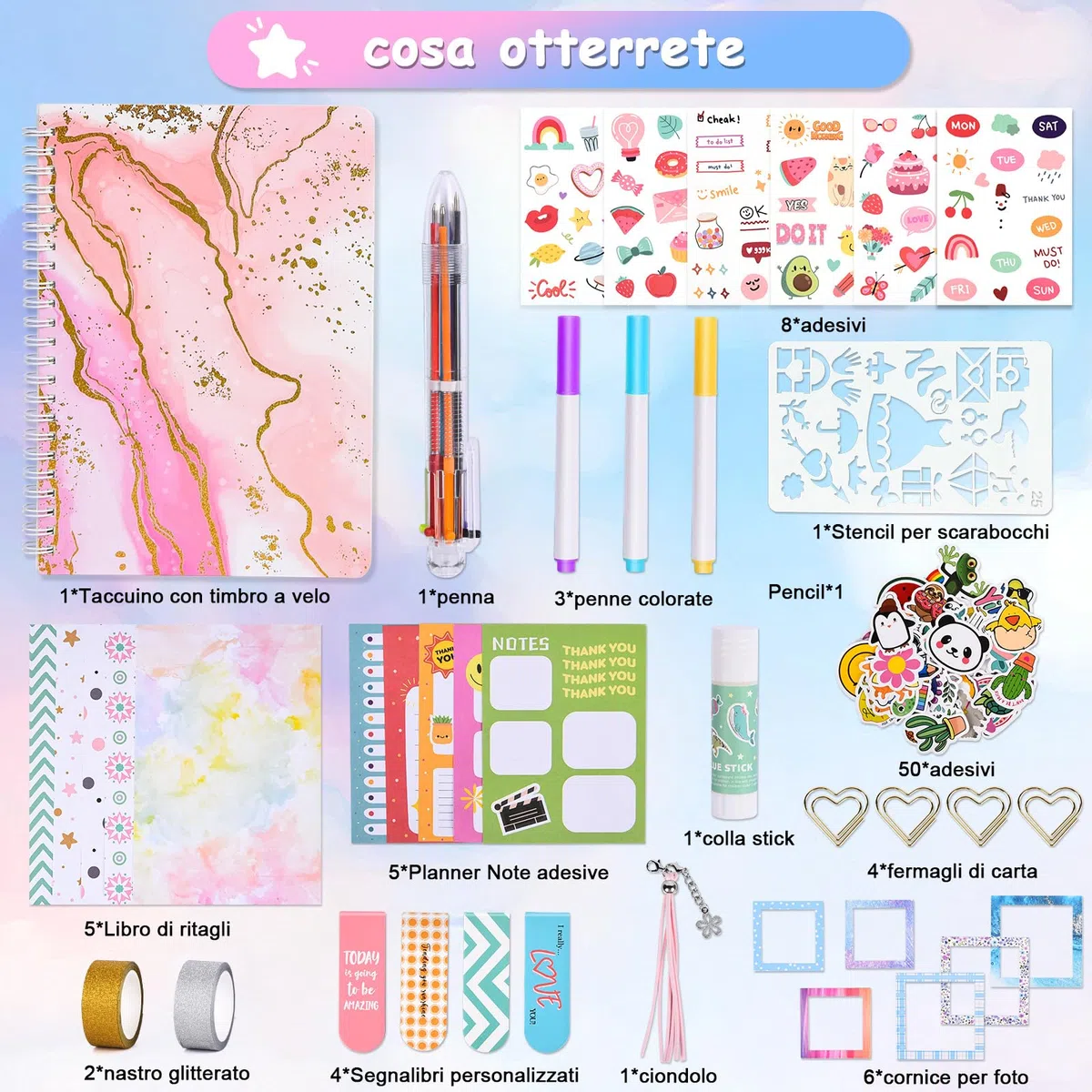 Herenear Set di Accessori per Scrapbook, 92 Pezzi DIY Scrapbooking Kit con Estetico Journaling A5, 8 Fogli di Adesivi Contiene Oltre 100+ Modelli, Scrapbooking kit Regalo per Ragazze Compleanni