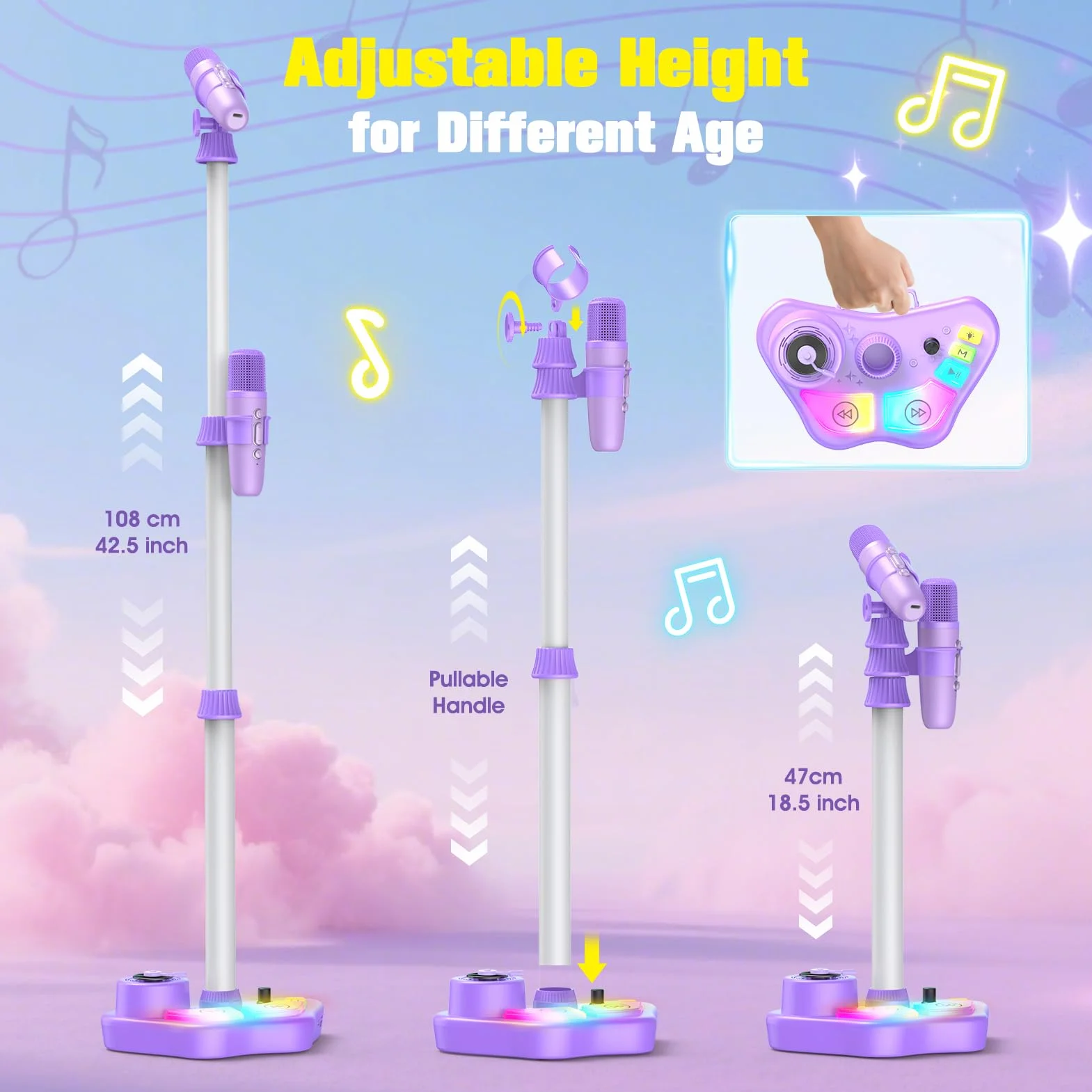 Microfono Karaoke per Bambini con Supporto, 2 Microfoni Wireless, Luci Colorate, Bluetooth, USB, AUX, TF Card, Altezza Regolabile 47-108 cm