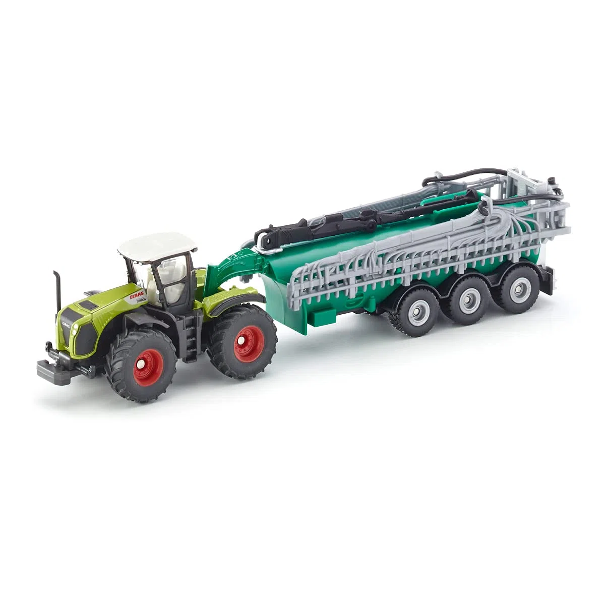 Siku 1827, Trattore Claas Xerion con carrobotte, 1:87, Metallo/Plastica, Verde, Barra irroratrice pieghevole con tubi di gocciolamento