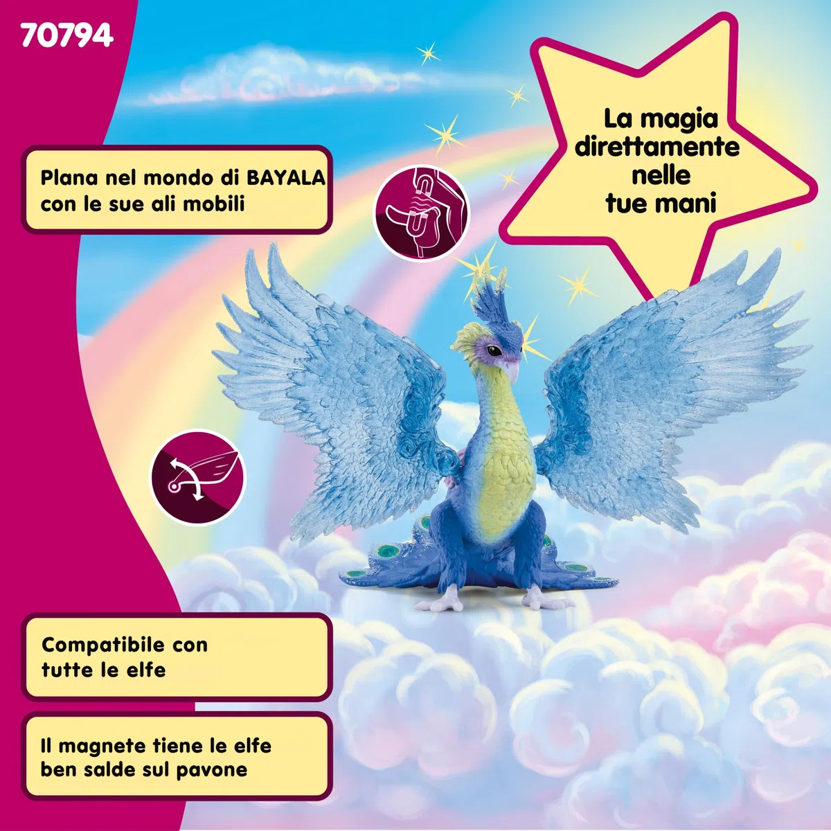 SCHLEICH BAYALA | Pavone Magico 70794 | figura dettagliata con ali trasparenti mobili e magnete | regalo per bambine e bambini | personaggio da gioco dai 5 anni | 18 x 30 x 17 cm