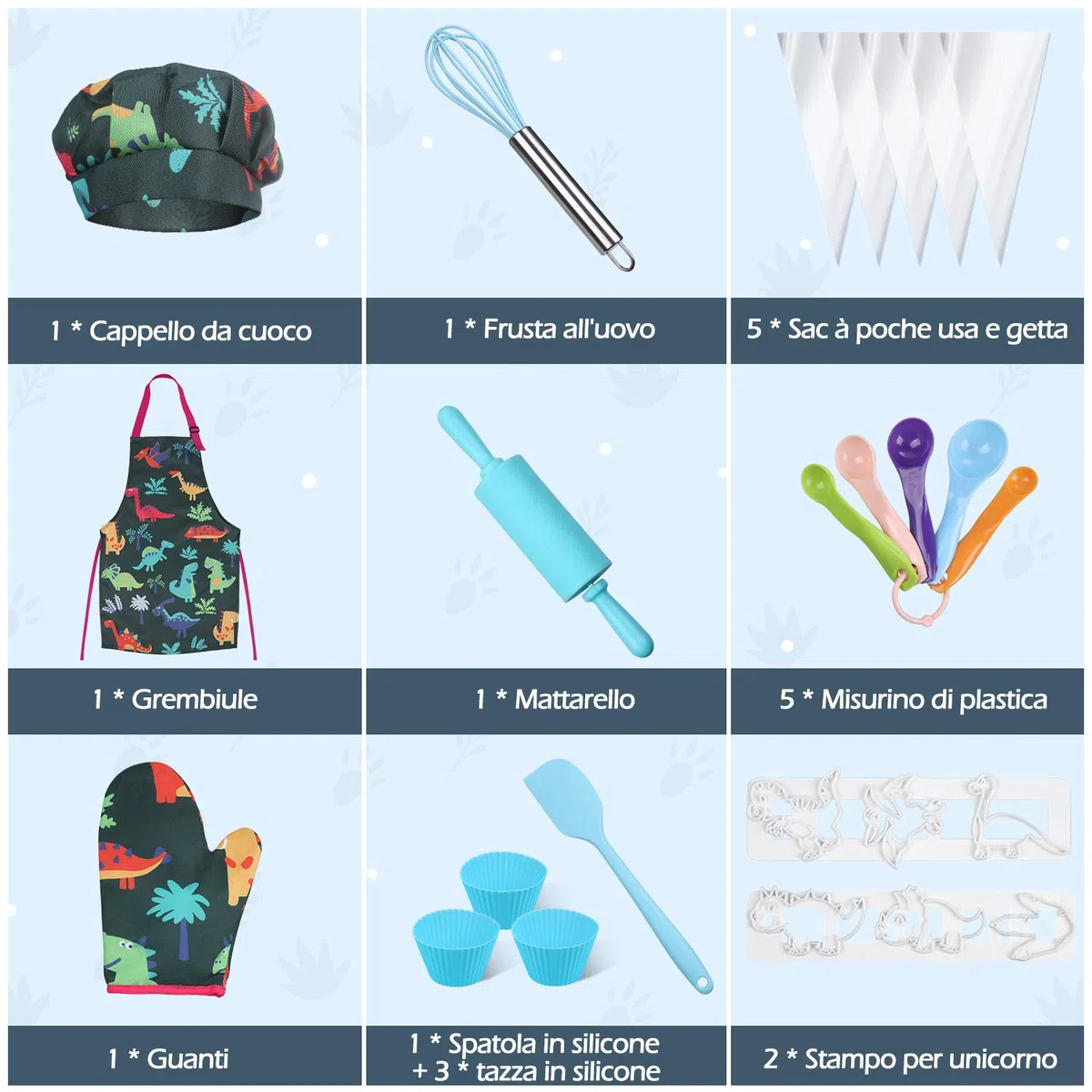 Anpro 27 Pezzi Set da Cucina per Bambini, Dinosauro Set di Chef Gioco di Utensili Bambini da Accessori, Cuoco Cappello Utensili da Cucina Mitt, Ideale Regalo di Compleanno e Natale, 3-7 Anni