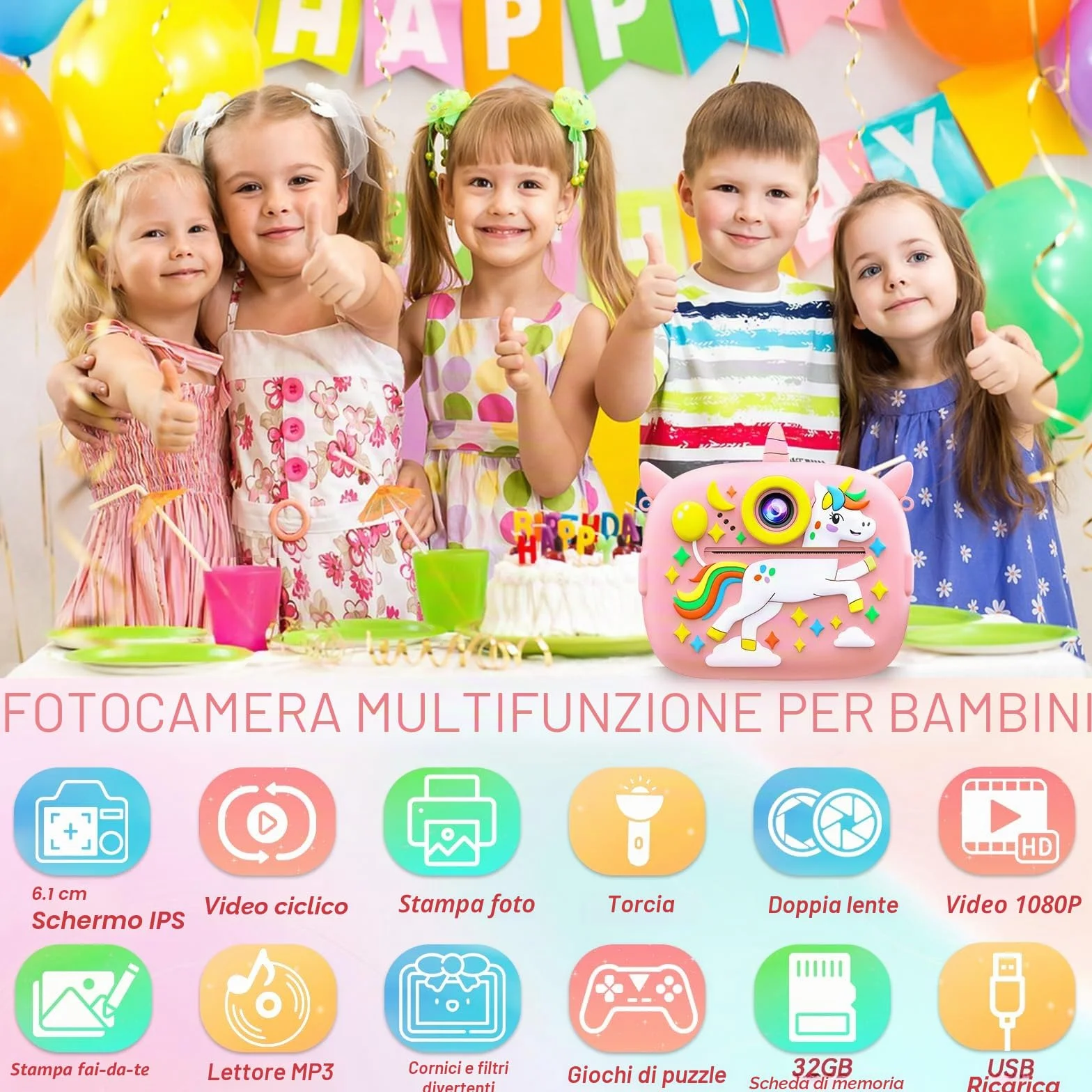 Macchina Fotografica Bambini, 2,4 Pollici Macchina Fotografica Istantanea, 1080P Macchina Fotografica Bambini Istantanea, con 32GB Scheda SD e Carta da Stampa, Regalo per Bambini dai 3-12 Anni