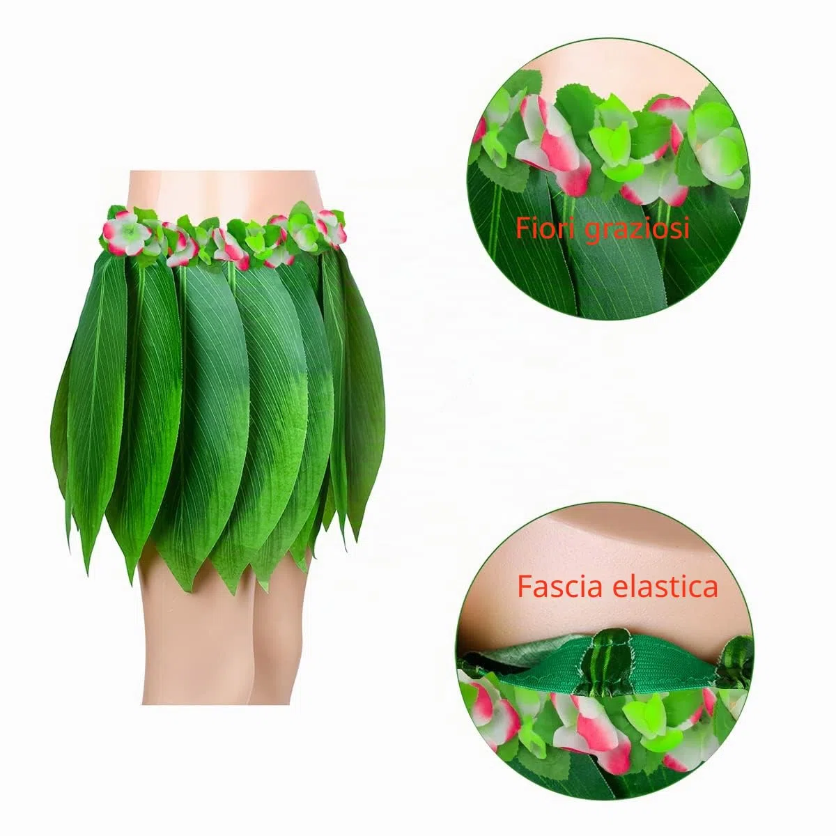 Gonna Hula a Foglie con Leis Hawaiani Gonna in Erba e Fiori di Ibisco Artificiali Costume per Feste Hawaiane Luau Tiki da Spiaggia (Colore 8)