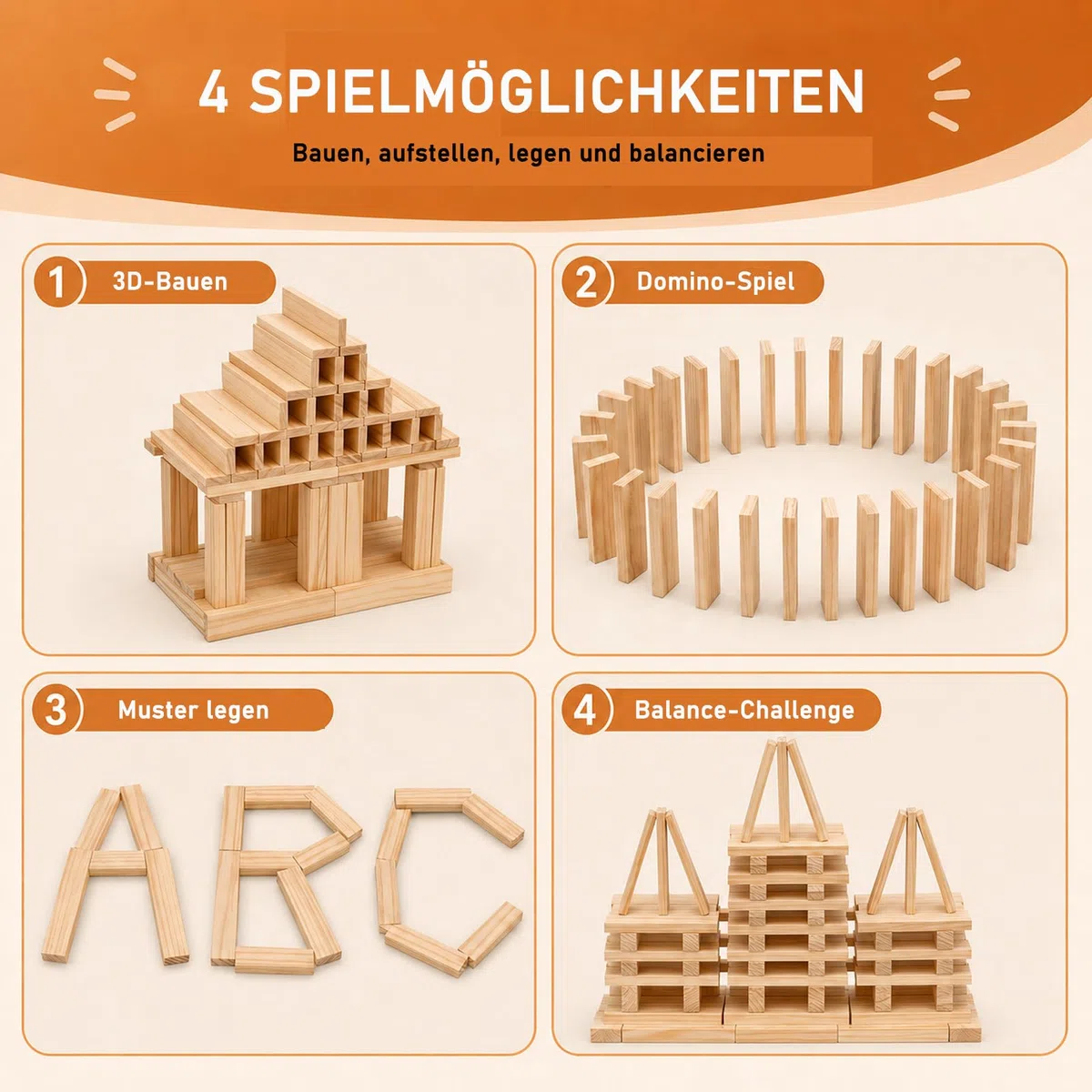 Liangding Blocchi di Costruzione in Legno Naturale – 100 Pezzi Montessori 100x20x7 mm, Gioco Educativo e Creativo per Bambini, Fai-da-te e Attività Manuali