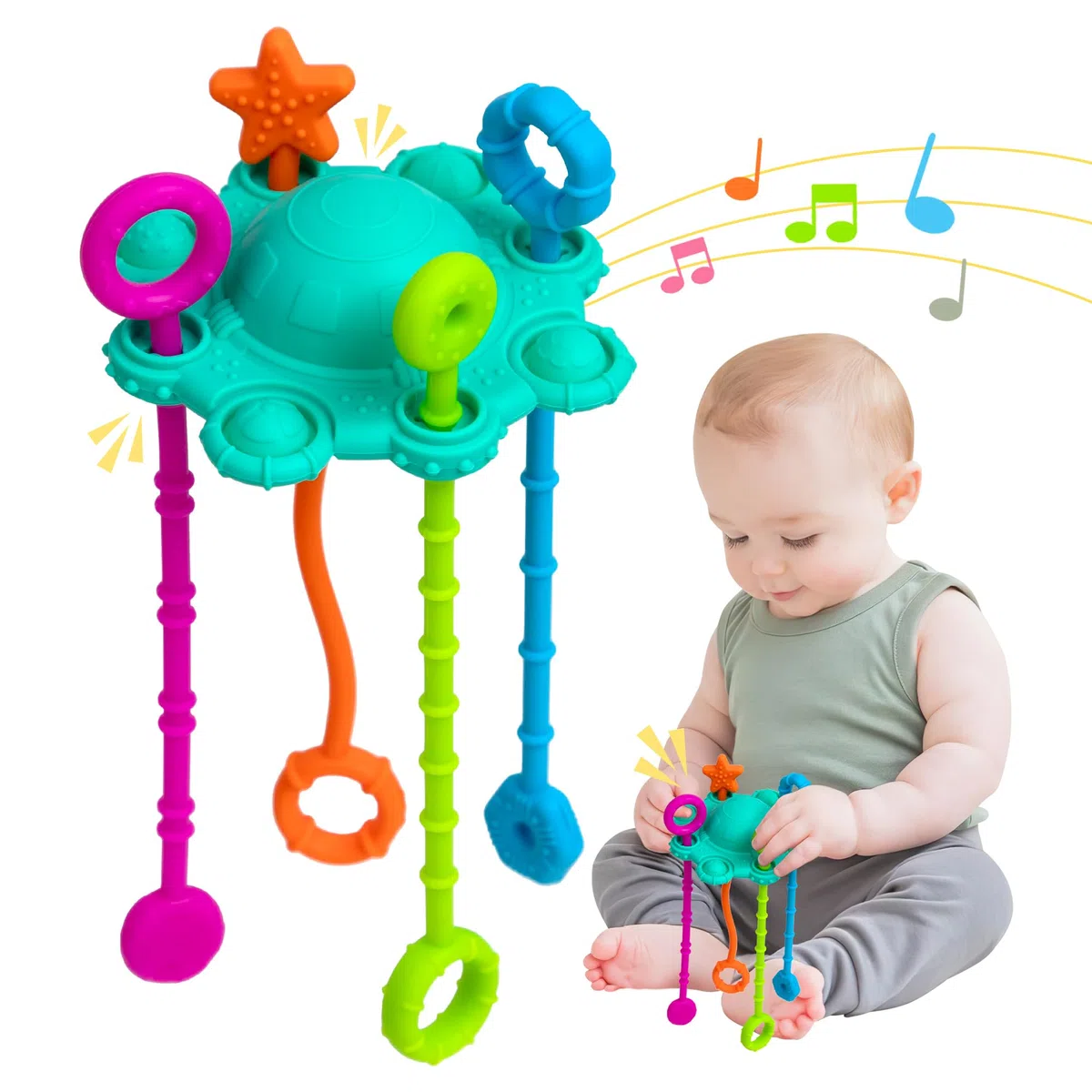 Montessori-Toys - Giocattolo Montessori con Corda da Tirare - Realizzato in Silicone Alimentare al 100% con Funzione sonaglio Integrata e Design Facile da Pulire (Menta Verde)