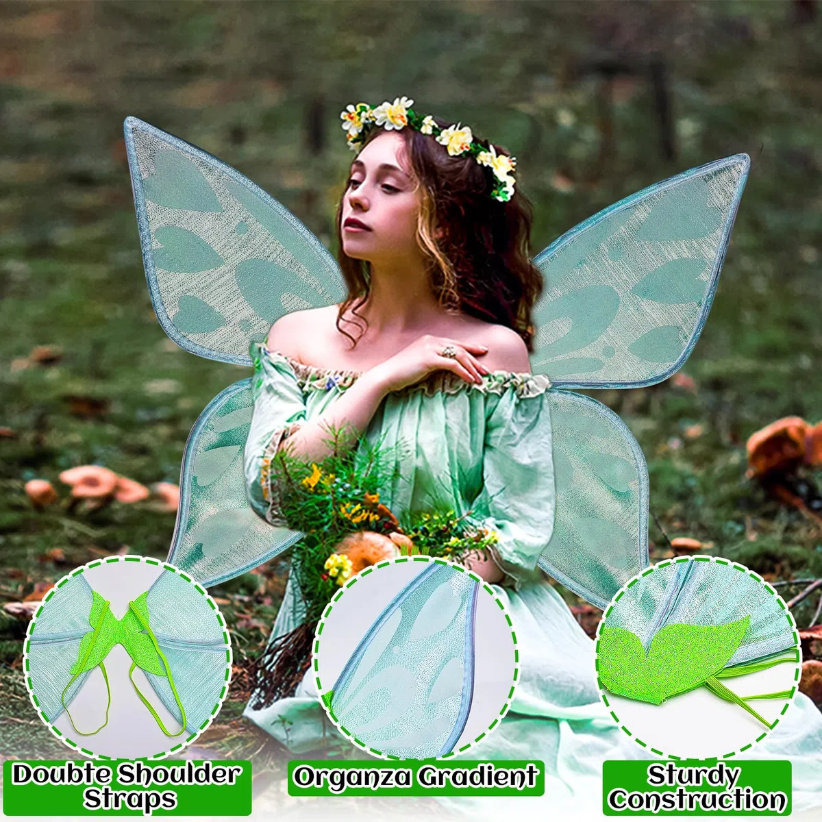 Vibbang Ali Fata Bambina, Ali di Fata Donna Principessa, Ali di Fata a Farfalla Glitter Costume Farfalla, per Compleanno Carnevale Natale Halloween, Costume di Angelo per Ragazze (Verde)