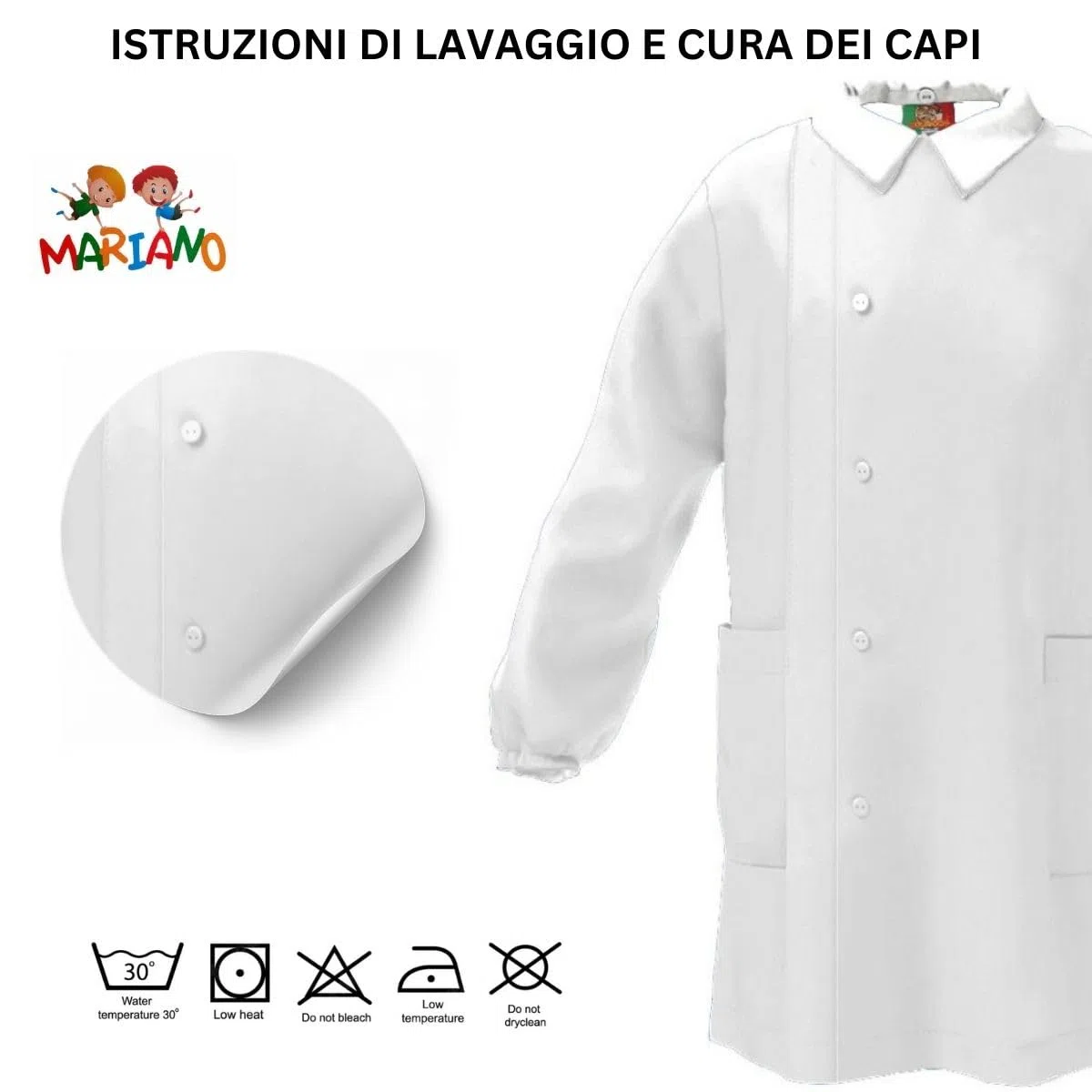 Mariano - Grembiule Scuola Bambino Made in Italy, Asilo ed Elementari – Pratico, Resistente, con Bottoni e Colletto Staccabile – Casacca Senza Ricamo