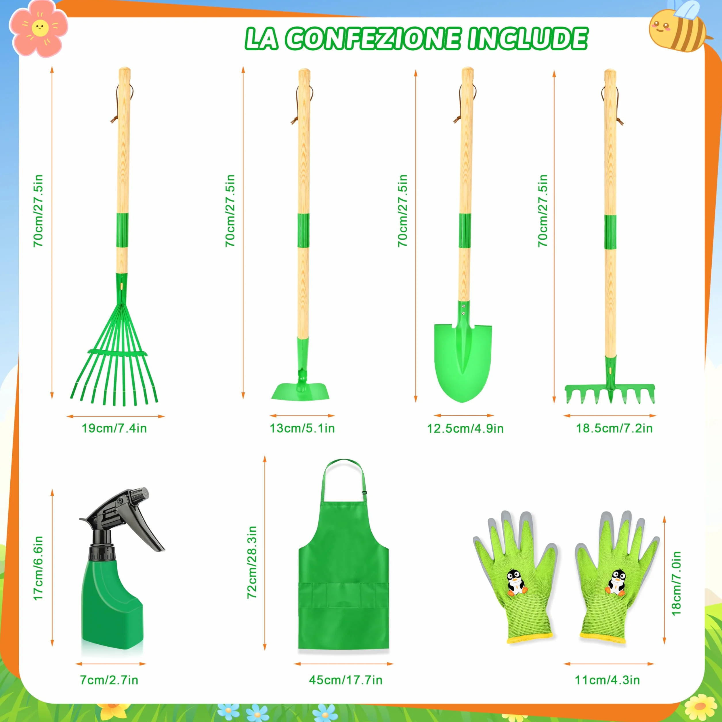 IEEILULU Attrezzi da Giardinaggio Bambini, Giocattoli da Giardino con Pala Guanti Grembiule e Annaffiatoio, Set di Attrezzi da Giardinaggio per Ragazzi e Ragazze dai 3 Anni (Verde)