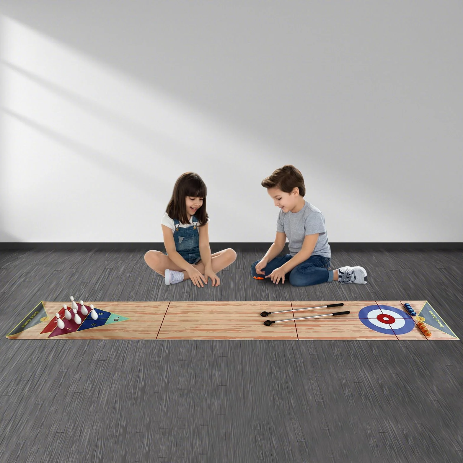 Set di giochi da tavolo 3 in 1, shuffleboard bowling curling, gioco di famiglia, con 2 aste di spinta e 8 arricciature e 6 pin, tavolo Top Games per casa, ufficio, feste