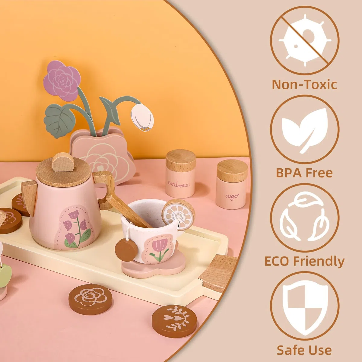 Set da Tè e Accessori Cucina in Legno per Bambini, Giochi Educativi, Servizio da Tè, Regalo per Ragazze e Ragazzi dai 3 Anni