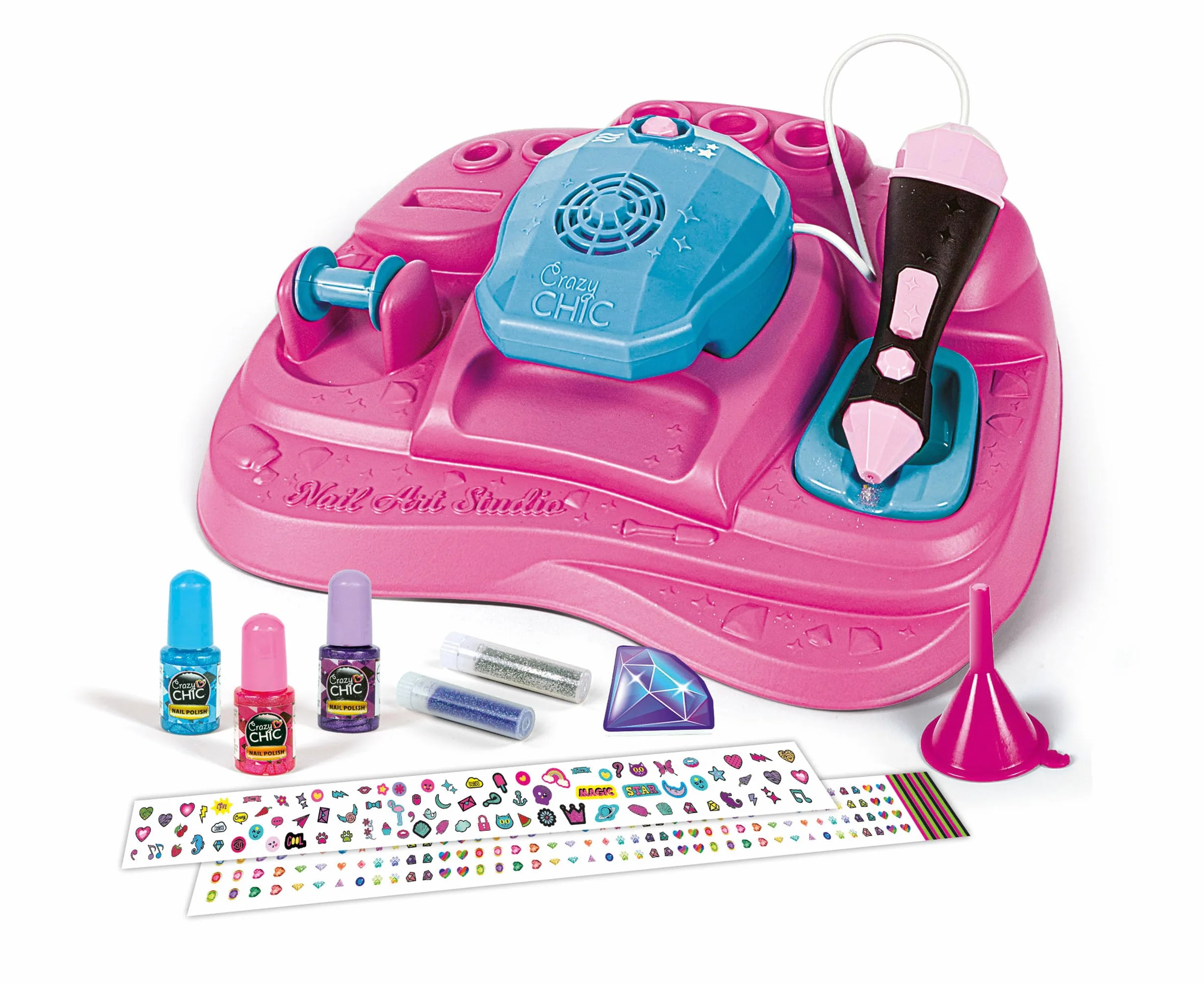 Clementoni Crazy Chic - Nail Art Studio, Set Completo per Manicure e Nail Art per Bambine di 6+ Anni, Kit Decorazione Unghie con Macchina Spara Glitter e Asciuga Smalto, Gioco Creativo, 18730