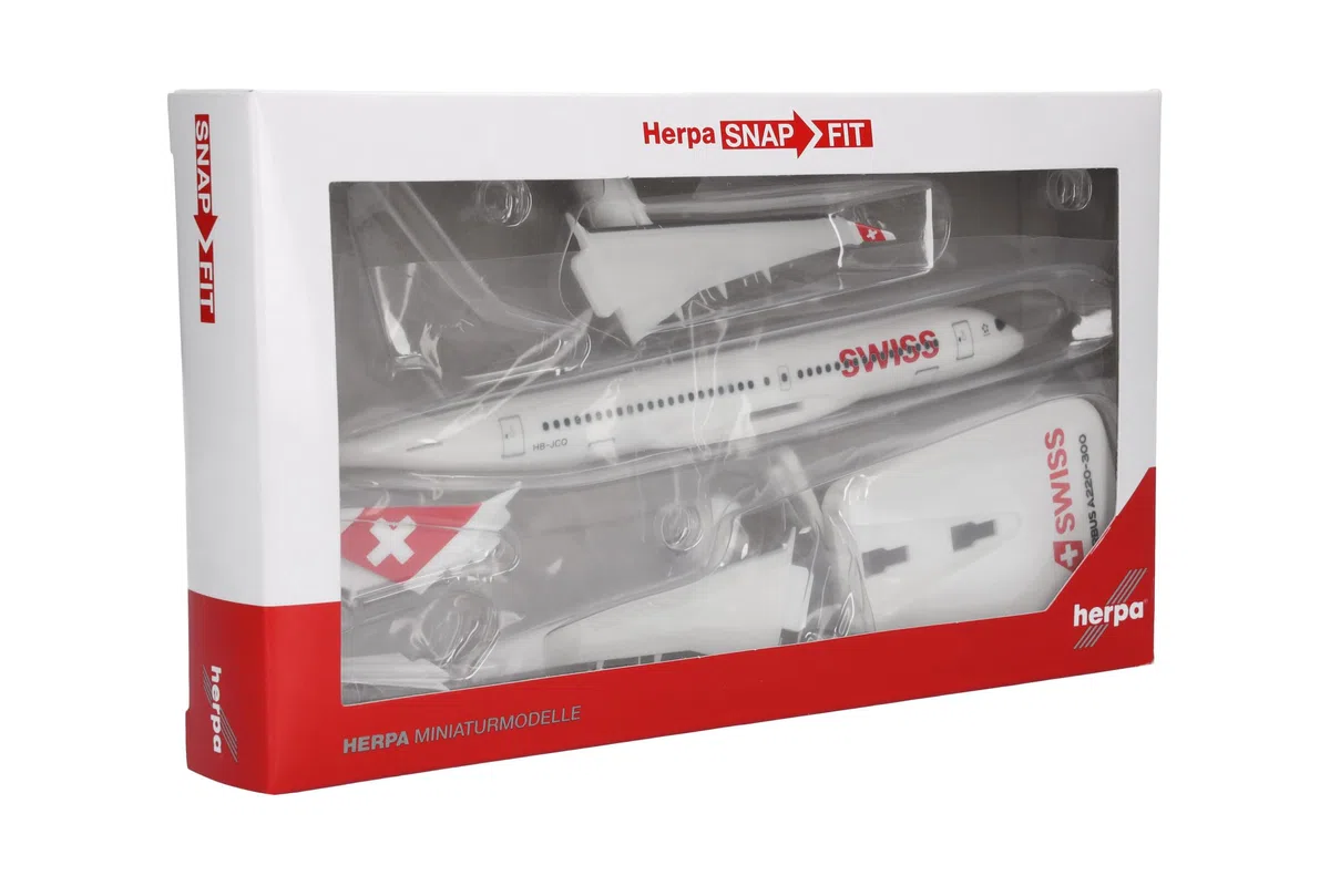 herpa modello di aereo Swiss International Air Lines Airbus A220-300 – HB-JCQ, in scala 1:200 - Snap-Fit, pezzo da collezione, miniatura deco, statuetta con supporto in plastica