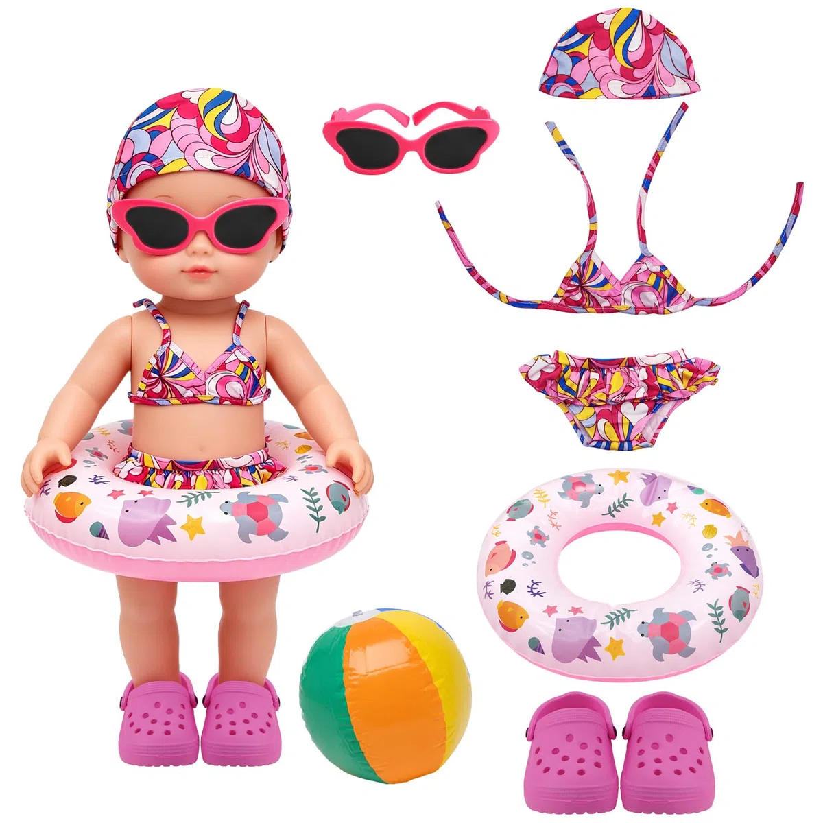 Set da Nuoto per Bambole,Costume da Bagno per Bambole,con Costume da Bagno per bambole,Cappello,Occhiali,Pantofole,Palla da spiaggia,Vestiti per bambole,Accessori bambole reborn,per Bambole 35-45 cm