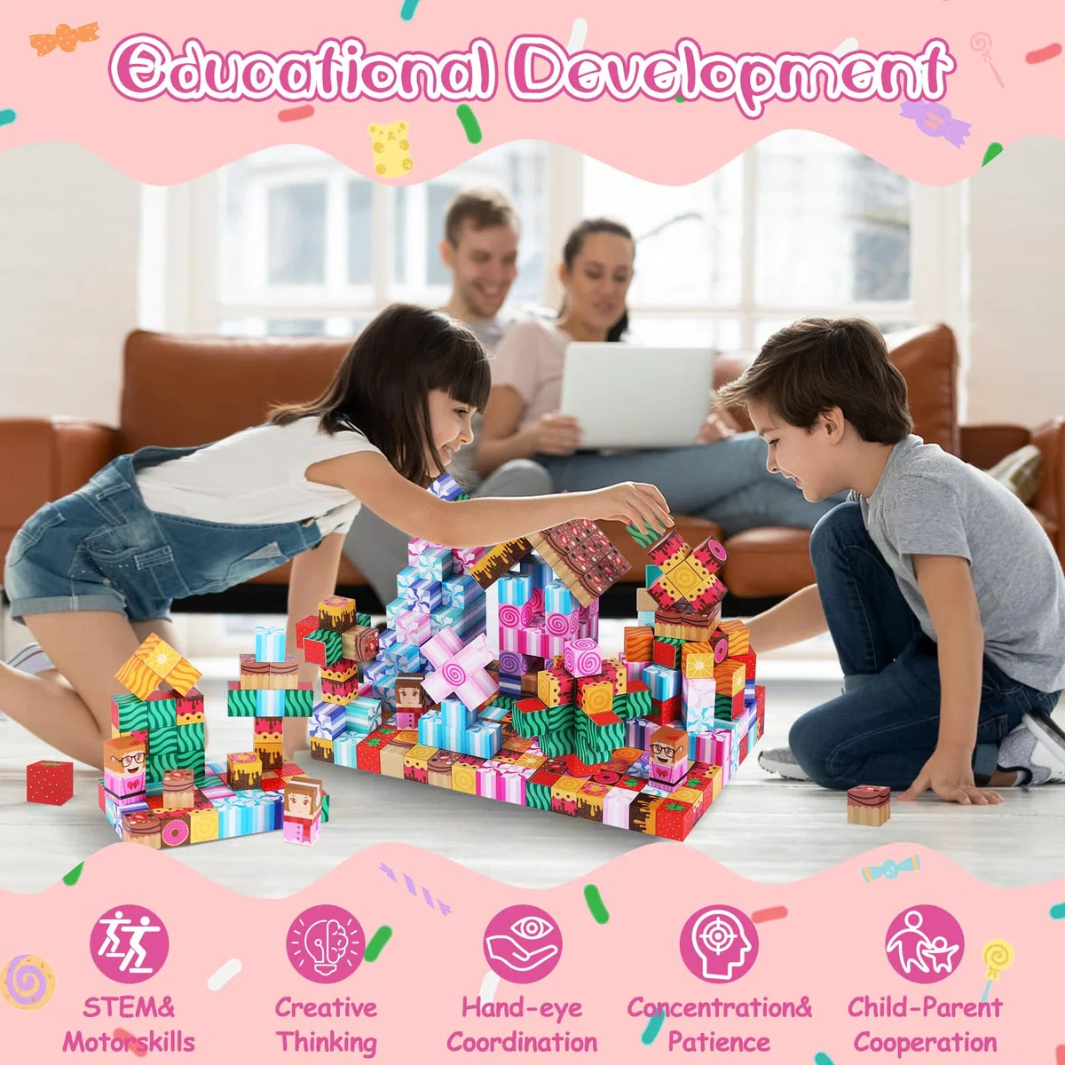 Blocchi Magnetici per Bambini - 100 Pezzi Cubi Magnetici per Bambini, Costruzioni Magnetiche per Costruire un Mondo Fantastico - Mondo Delle Caramelle, Età 3+
