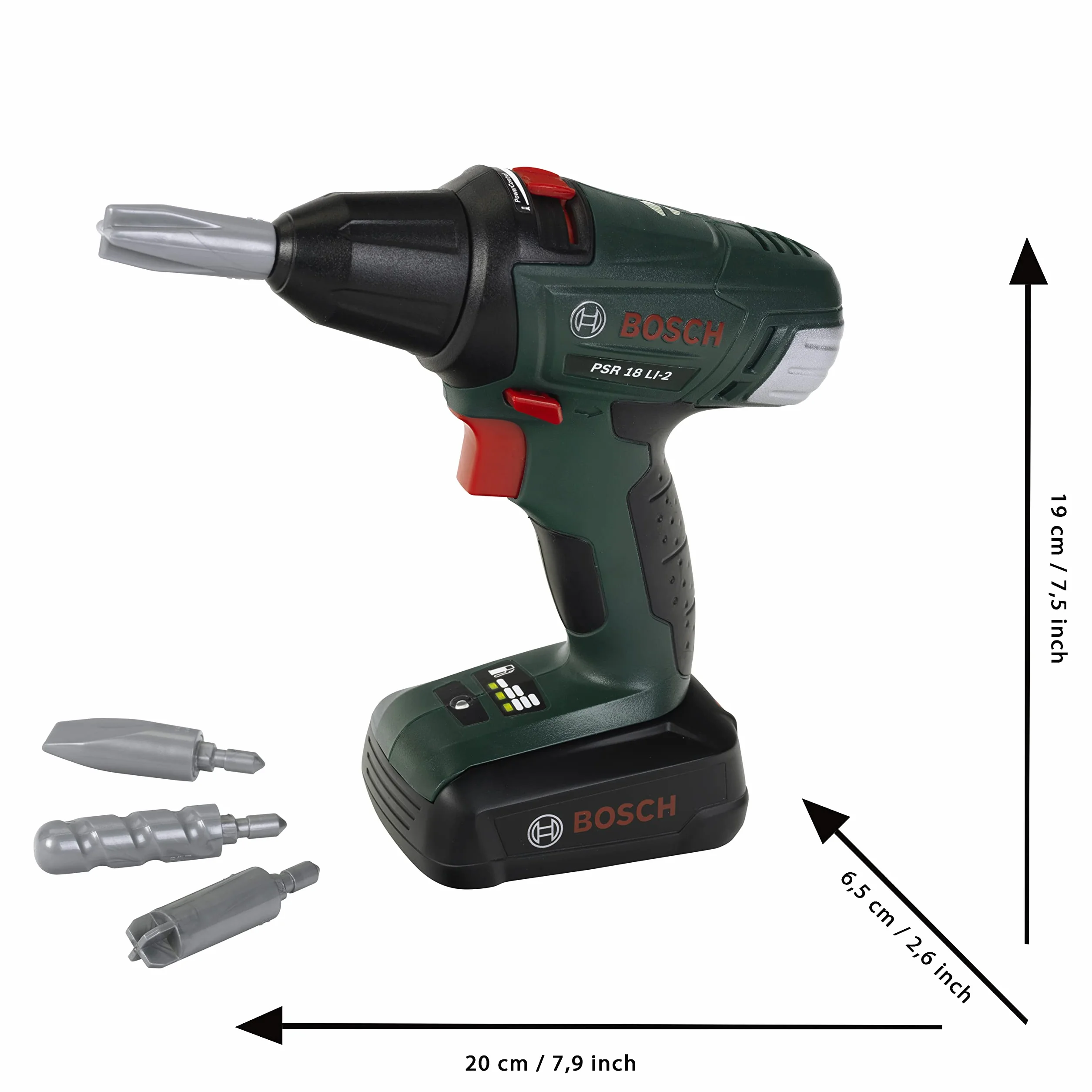 Theo Klein 8567 Avvitatore a batteria Bosch, Trapano/cacciavite a batterie con attacchi rotanti e intercambiabili, Luce e suono, 20 x 6,5 x 19 cm, Giocattolo per bambini a partire dai 3 anni di età