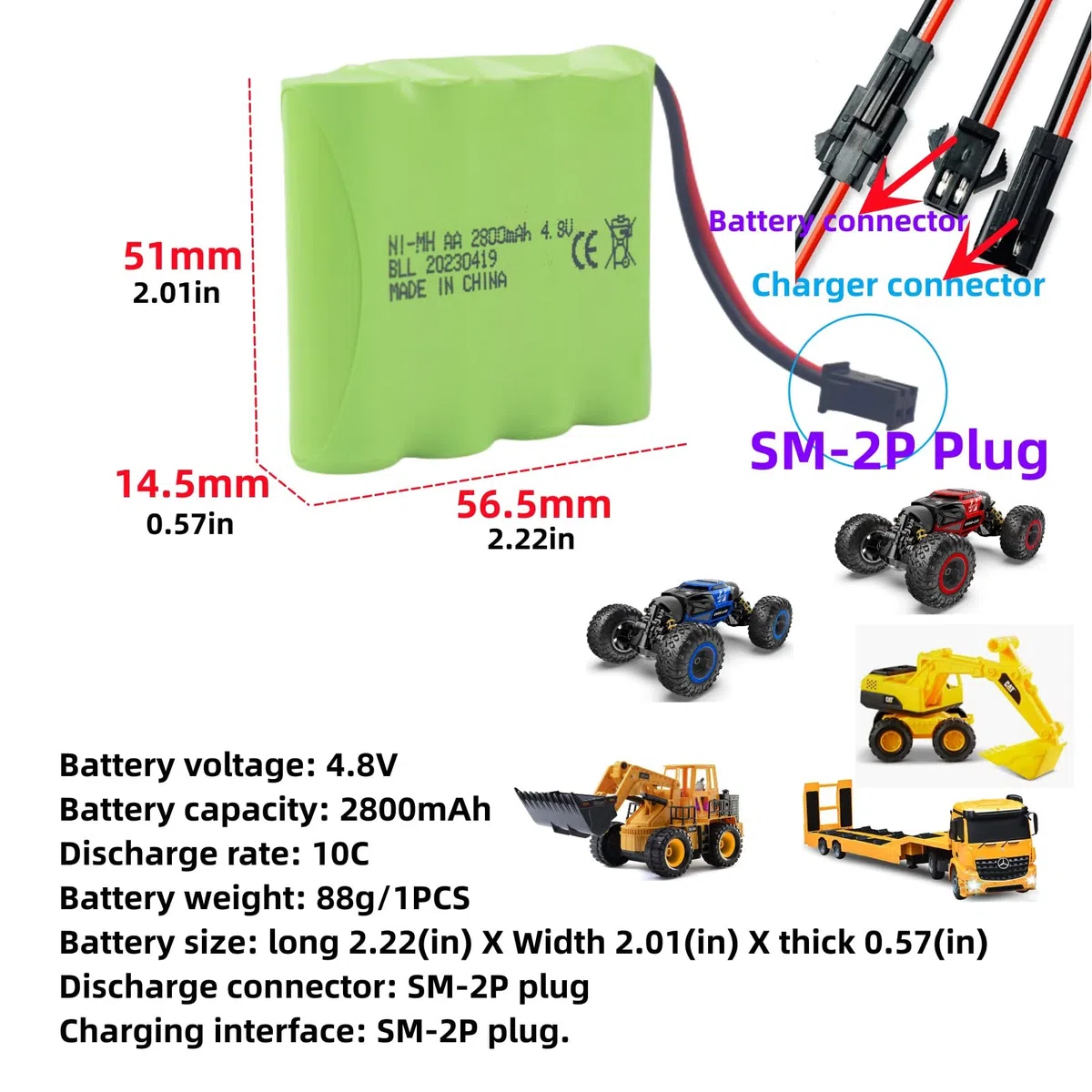 1PCS 4.8V 2800mah AA batteria con SM-2P spina con cavo di ricarica USB per SY-E511 RC escavatore auto batteria camion veicolo di costruzione E562 TD141 Batteria per auto giocattolo