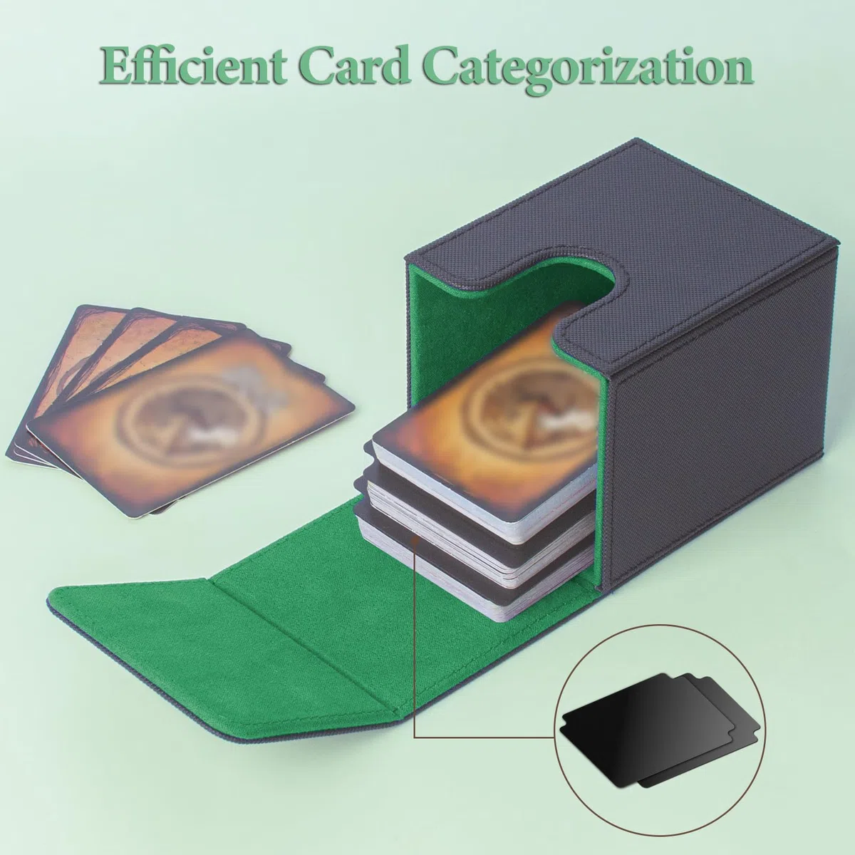 ECOSEAO Scatola Box Porta Carte, MTG Deck Box, Porta Deck Capacità 100+ Carte, con 2 Piastra di Partizione, Magnetic Flip Deckbox per YuGiOh TCG(Nero-verde)