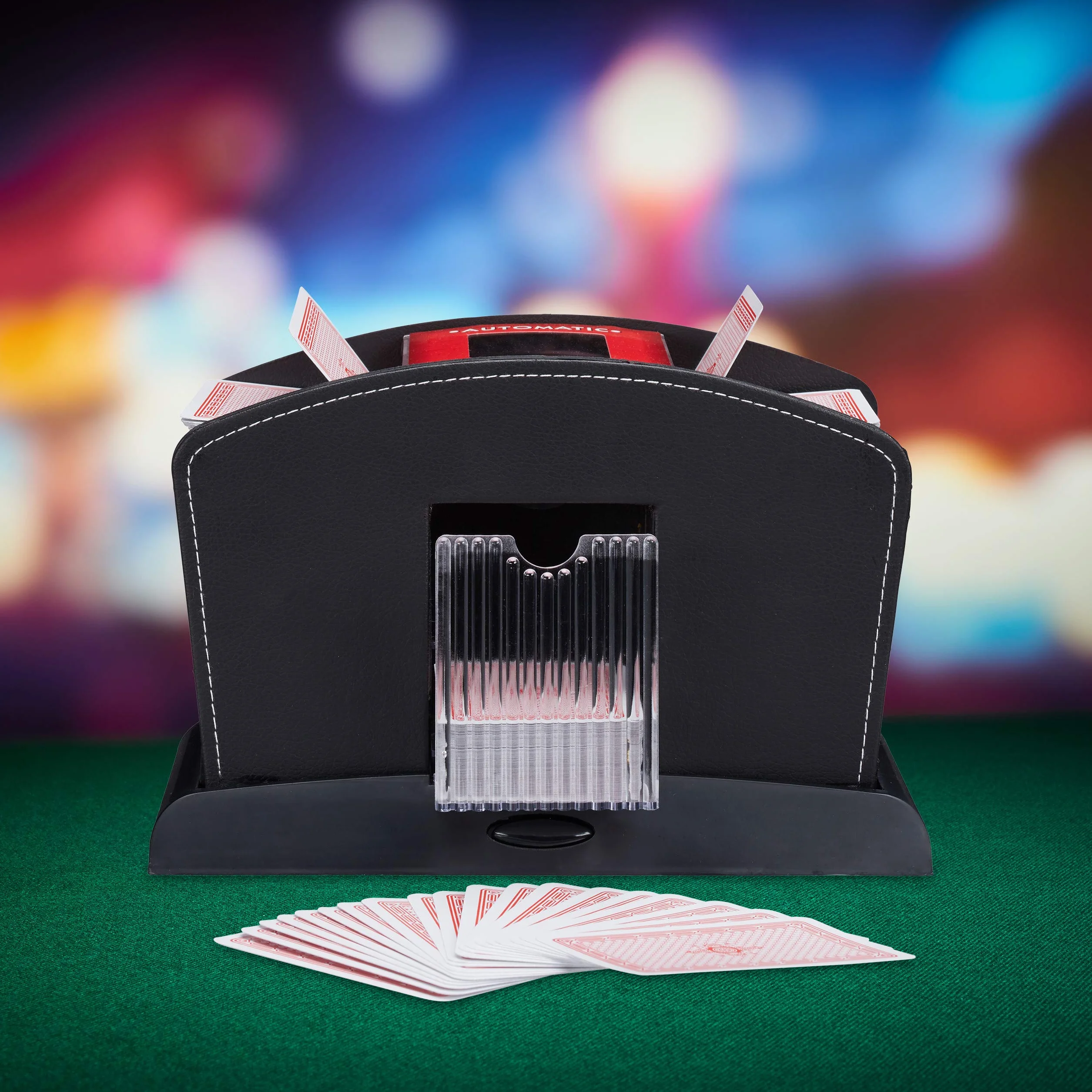 Relaxdays, mescolatore di carte nero elettrico, in pelle, 4 mazzi, mescola automaticamente le carte, standard