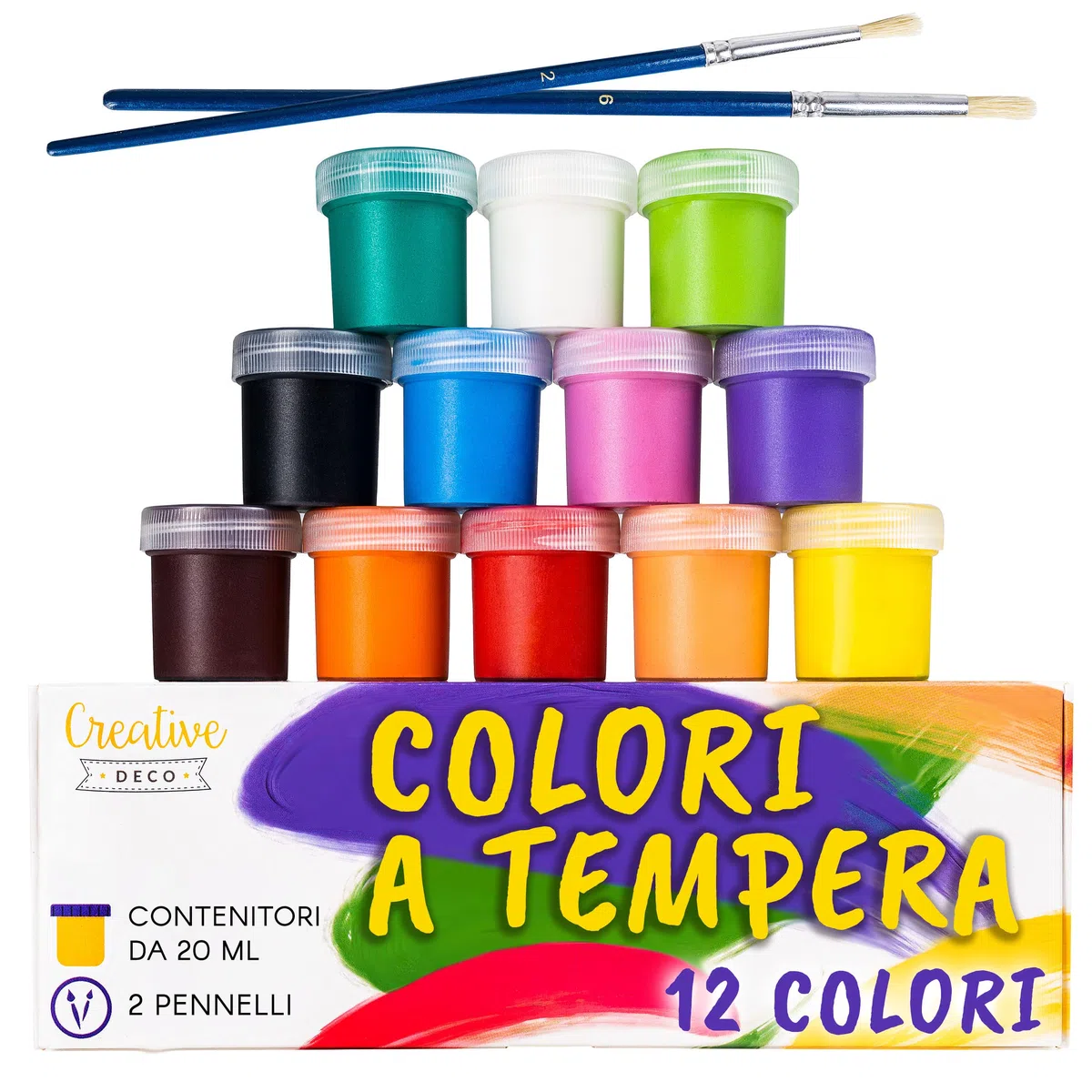 Creative Deco Set di Tempere Lavabili per Bambini | 20 ml x 12 | Colori a Dita per Dipingere | Intensi. Vibranti. Pigmentati Colori Primari | Sicuri e Non Tossici | Copertura Perfetta e Finitura Opaca