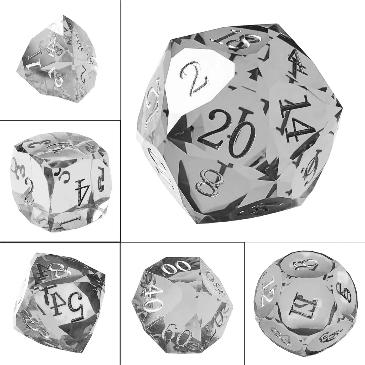 Set di 7 dadi poliedrici sfaccettati in cristallo, per DND, giochi da tavolo e collezionisti, confezione in scatola di latta, effetto pietra preziosa (fumo)