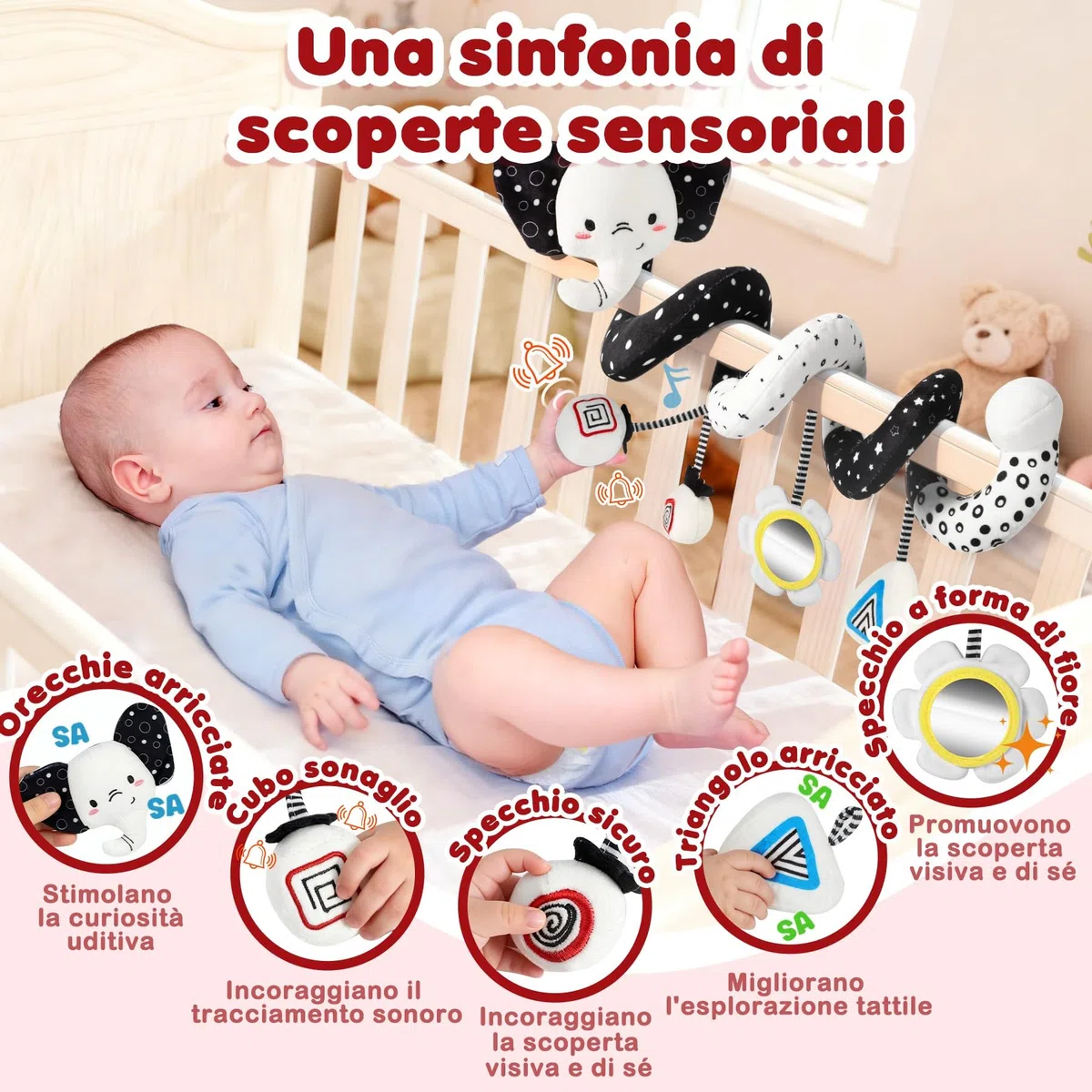 URMYWO Spirale Passeggino Neonato, Arco Giochi Neonato con attività Montessori Sensoriali, Pratico da Appendere a Passeggino Lettino e Seggiolino, Idea Regalo per Sviluppare Motricità 0-6 Mesi