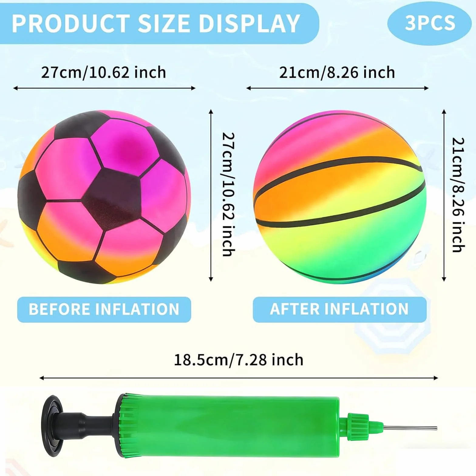 Gukasxi 3 Pezzi Palla Gonfiabile Spiaggia con pompa, Palline da Spiaggia Arcobaleno Palla Morbida PVC Bambini per Bambini Adulti Interni Esterni Spiaggia Piscina