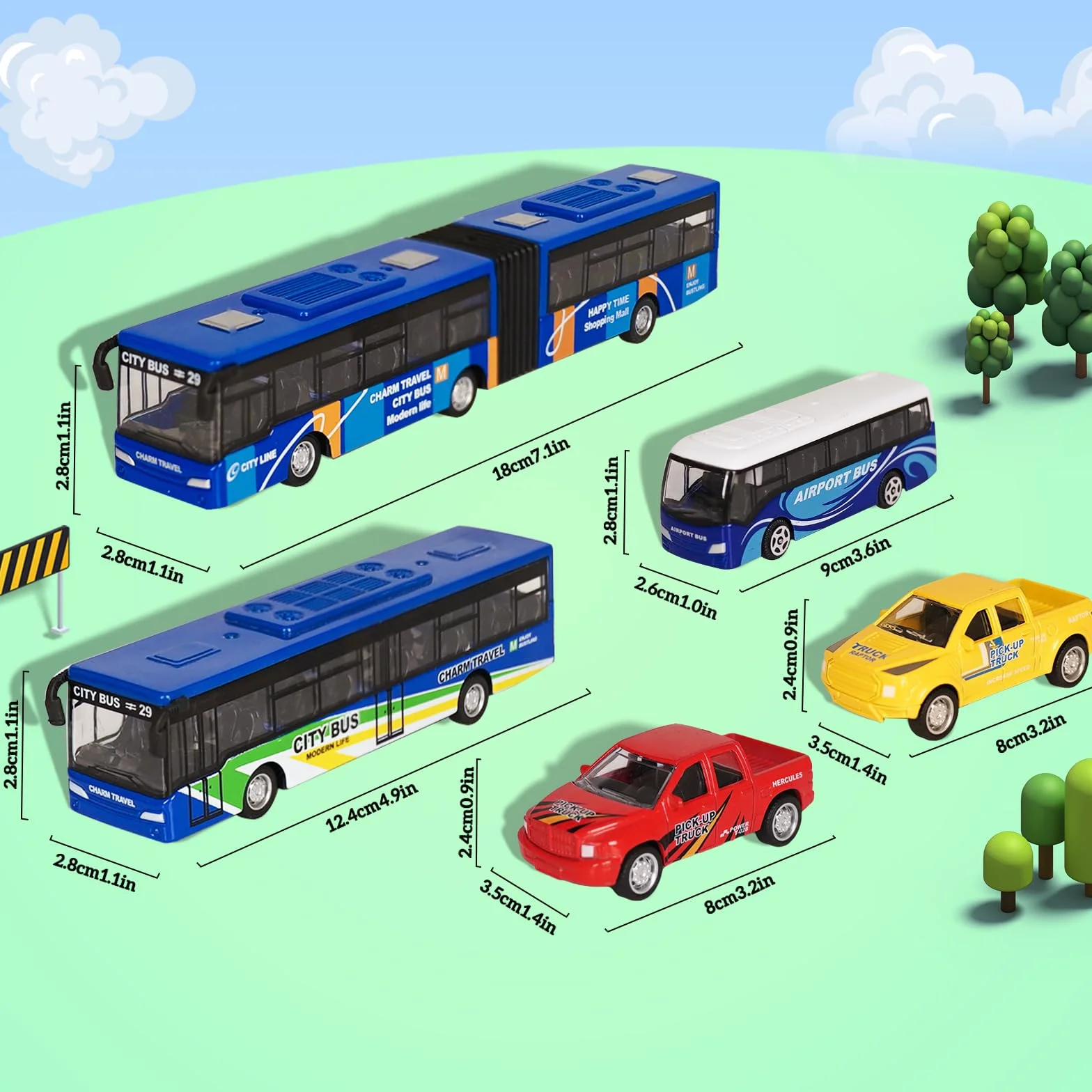 VBACALA Set Autobus Giocattolo per Bambini 5 Pezzi con Autobus Urbano,per l'Aeroporto,Articolato Metropolitana e Mini Pickup Camion,Funzione Pull-Back Veicoli Giocattolo,Regalo di per 3+ Bambini
