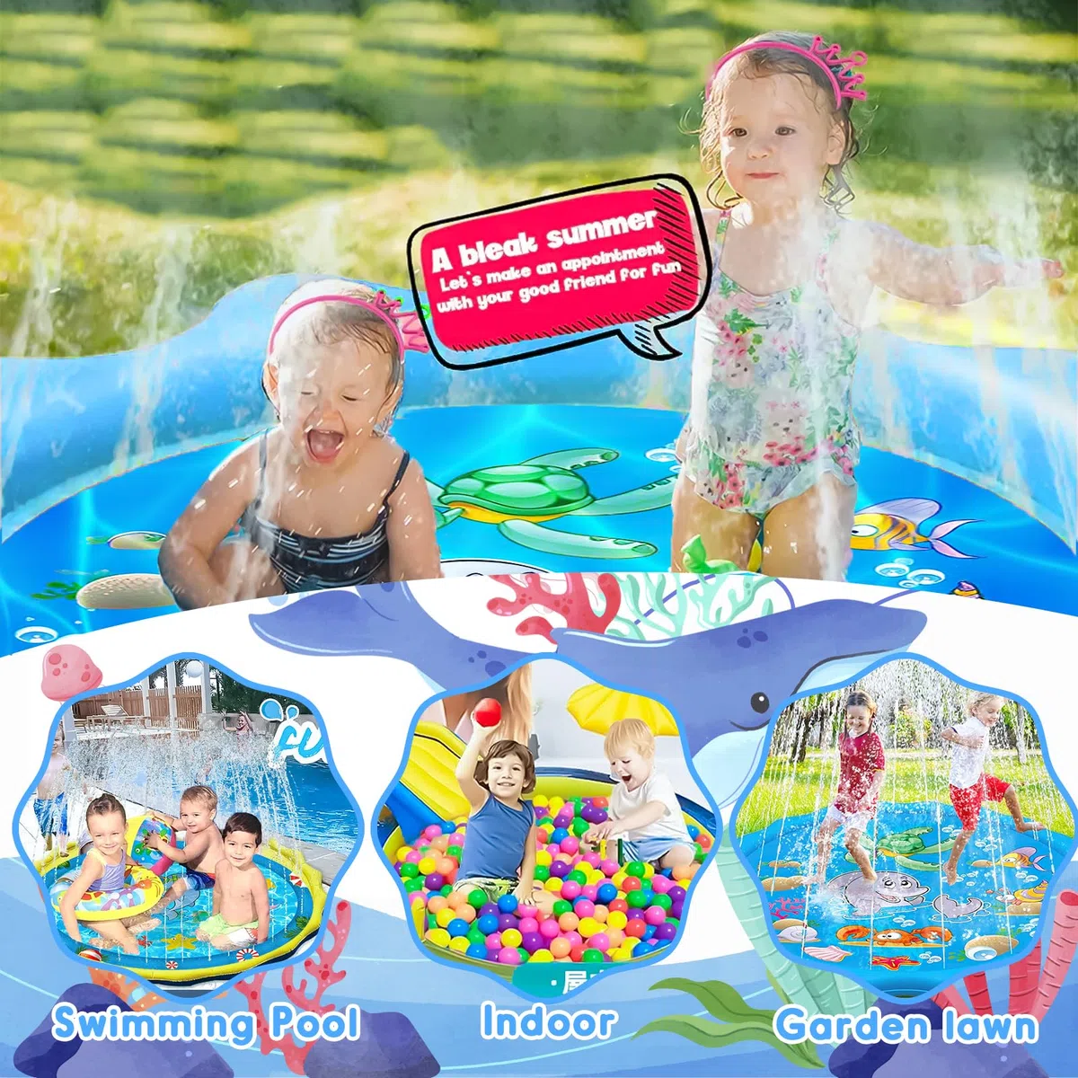 Purpledi Tappetino Gioco d'Acqua per Bambini, 170cm Splash Pad, Giocattoli Splash Play Mat Giochi all'Aperto Estate Giochi Acqua Giardino Piscina Gonfiabile Giocattoli Gonfiabili