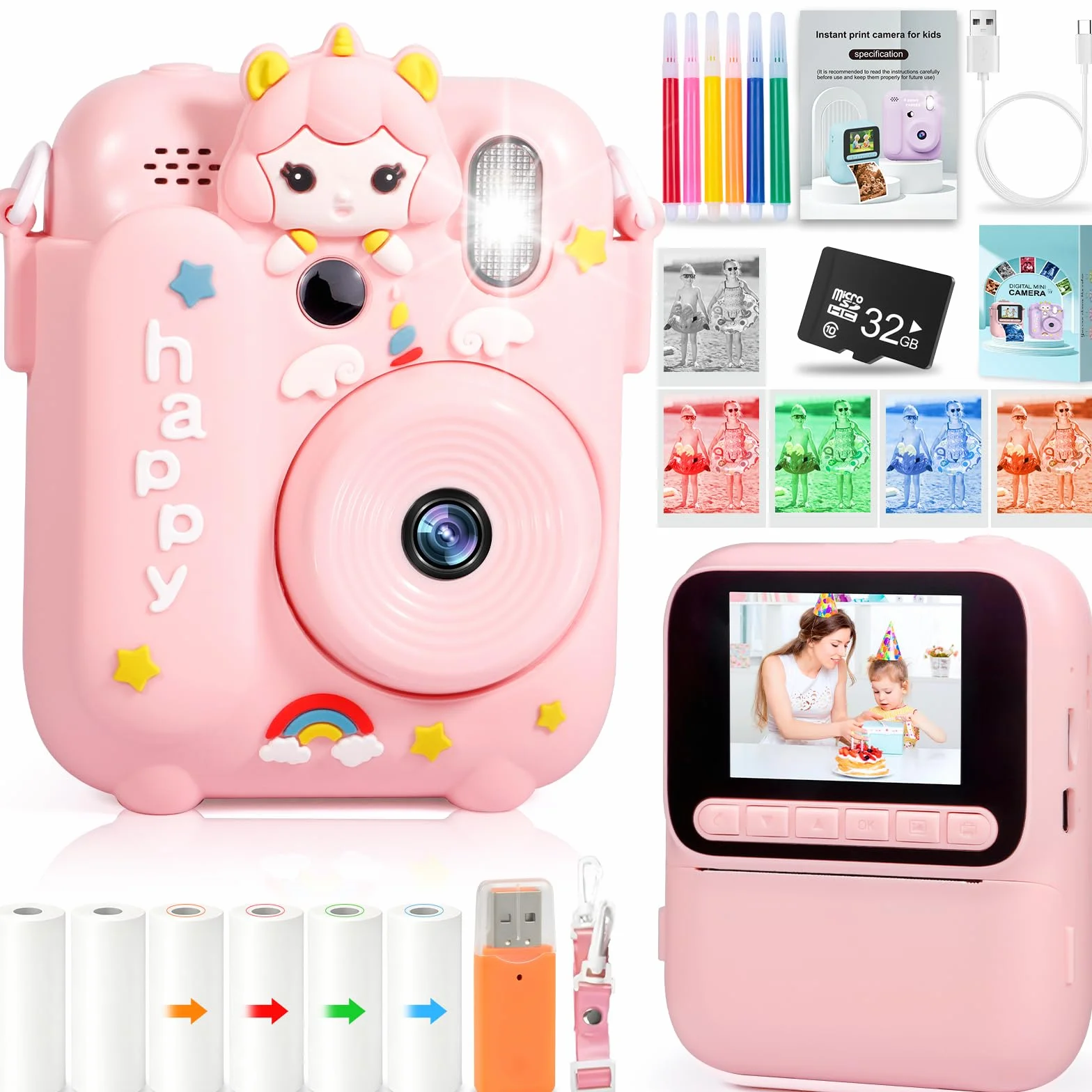 Macchina Fotografica Bambini Istantanea,2,4" Fotocamera Istantanea,1080P HD Fotocamera Digitale con 32 GB Scheda,6 Rotoli di Carta da Stampa e Penne Colorate,Regalo per Ragazze Ragazzi da 3-12