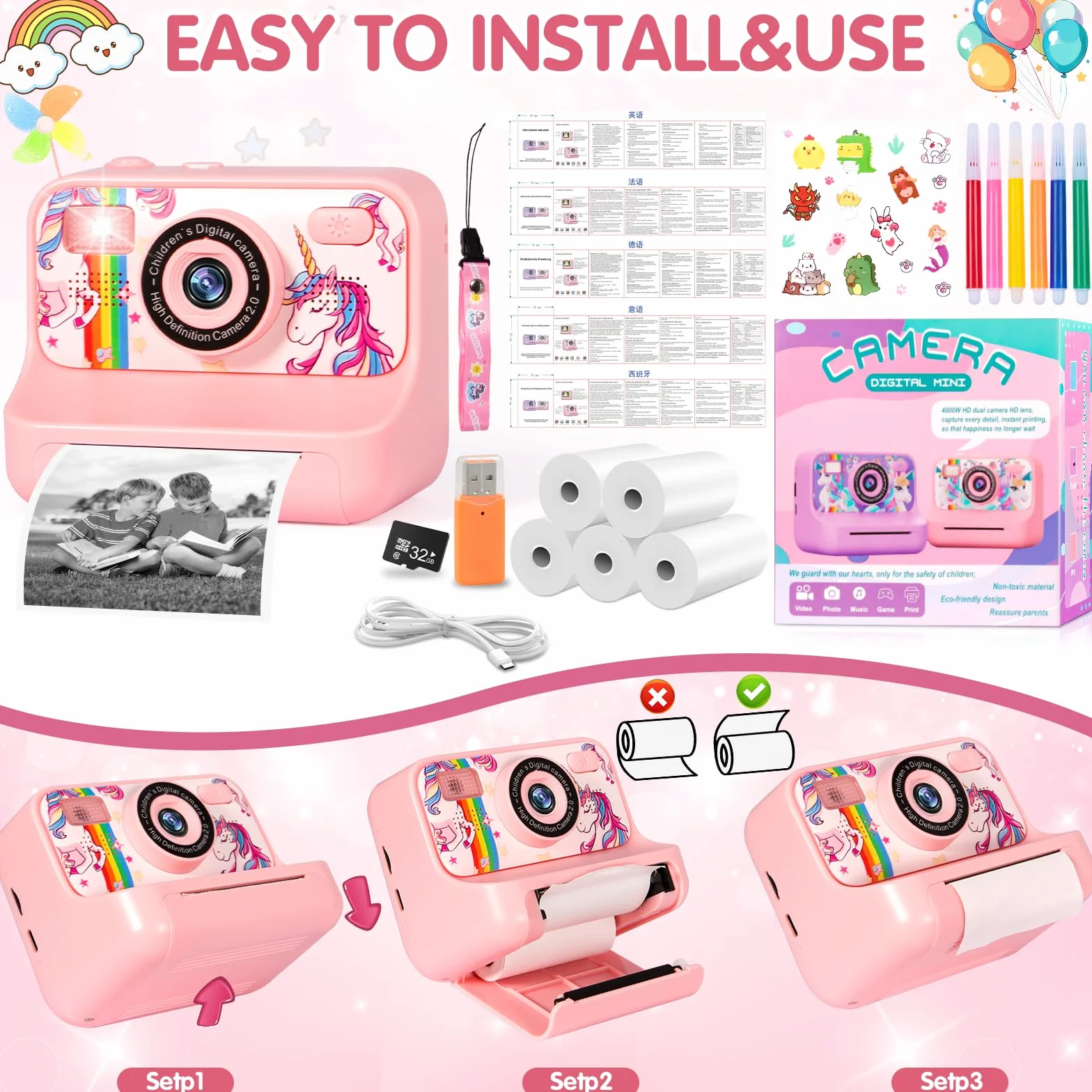 Macchina Fotografica Bambini Istantanea, 2.4" 1080P Fotocamera Bambini con 32 GB Schede e Carta da Stampa, Macchina Fotografica Bambino, 180 °Flip Len,Regali per Ragazzi Ragazze da 3-12 Anni