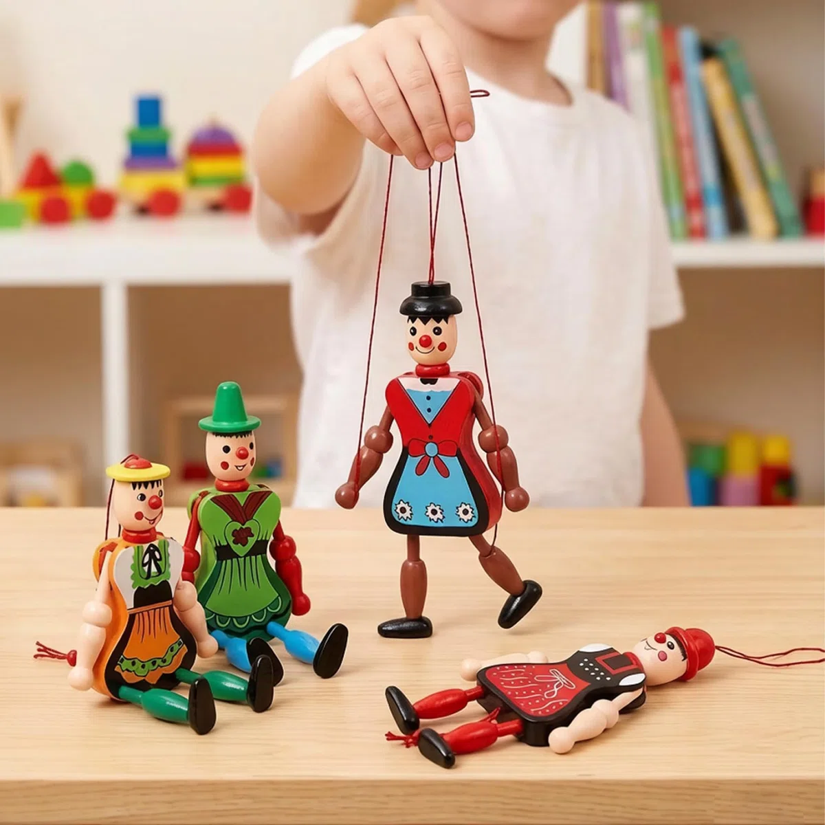 Confezione da 4 Marionette Marionette, in Legno Colorato per Bambini con Arti Mobili, Bambole in Legno Fatte a Mano per Giochi Fantasiosi, Decorazioni per Interni