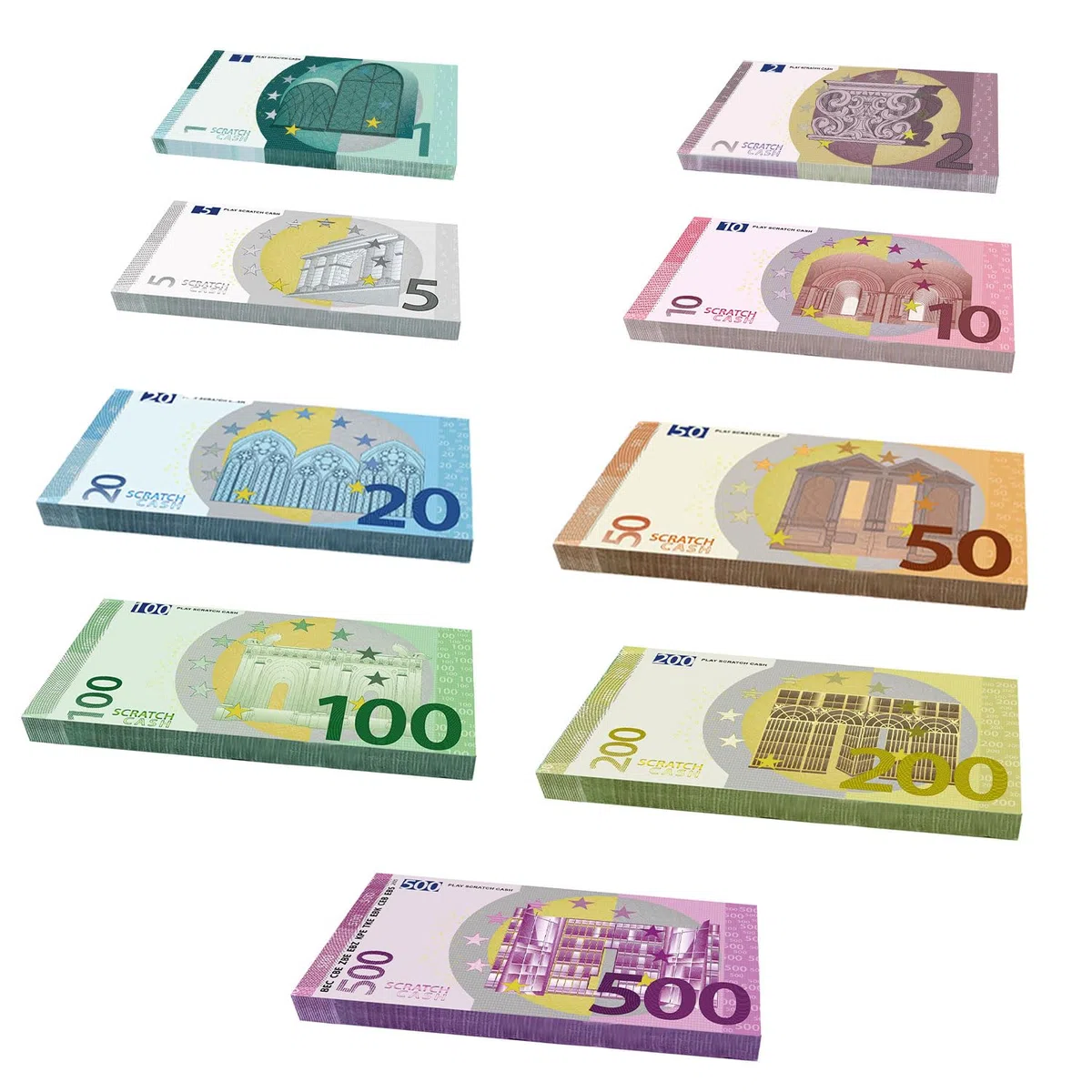 Scratch Cash Mini Bundle Plus 225 Banconote Finte 25 x 1, 2, 5, 10, 20, 50, 100, 200, 500 Euro, Fac-Simile Euro, Dimensioni Reali