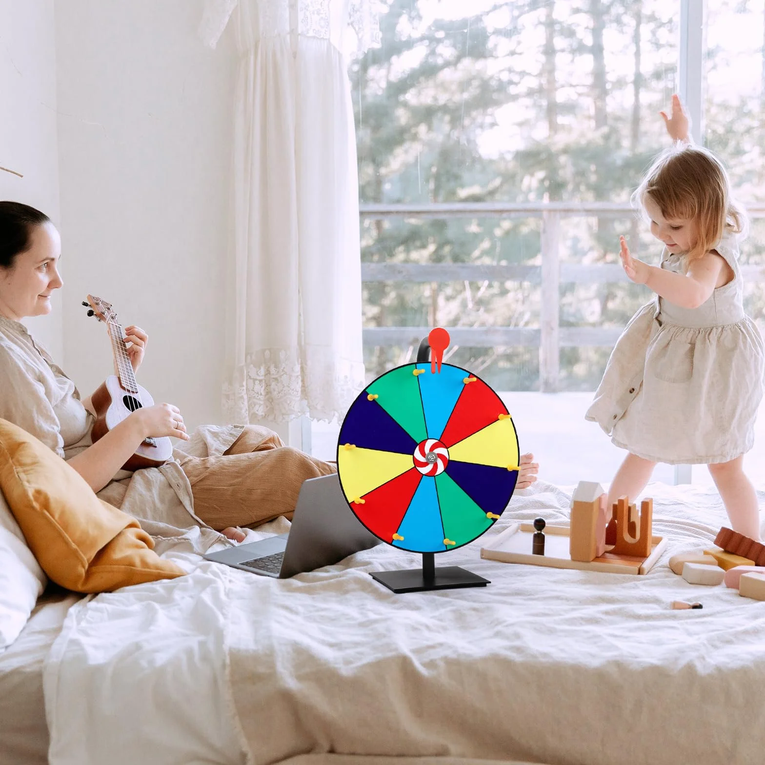 NQEUEPN 40cm Ruota dei Premi Che Gira, 10-Slot Tavolo Ruota Fortuna con Supporto, Ruota della Roulette con Cancellazione a Secco e Pennarello per Carnevali Fiere Gioco Spin