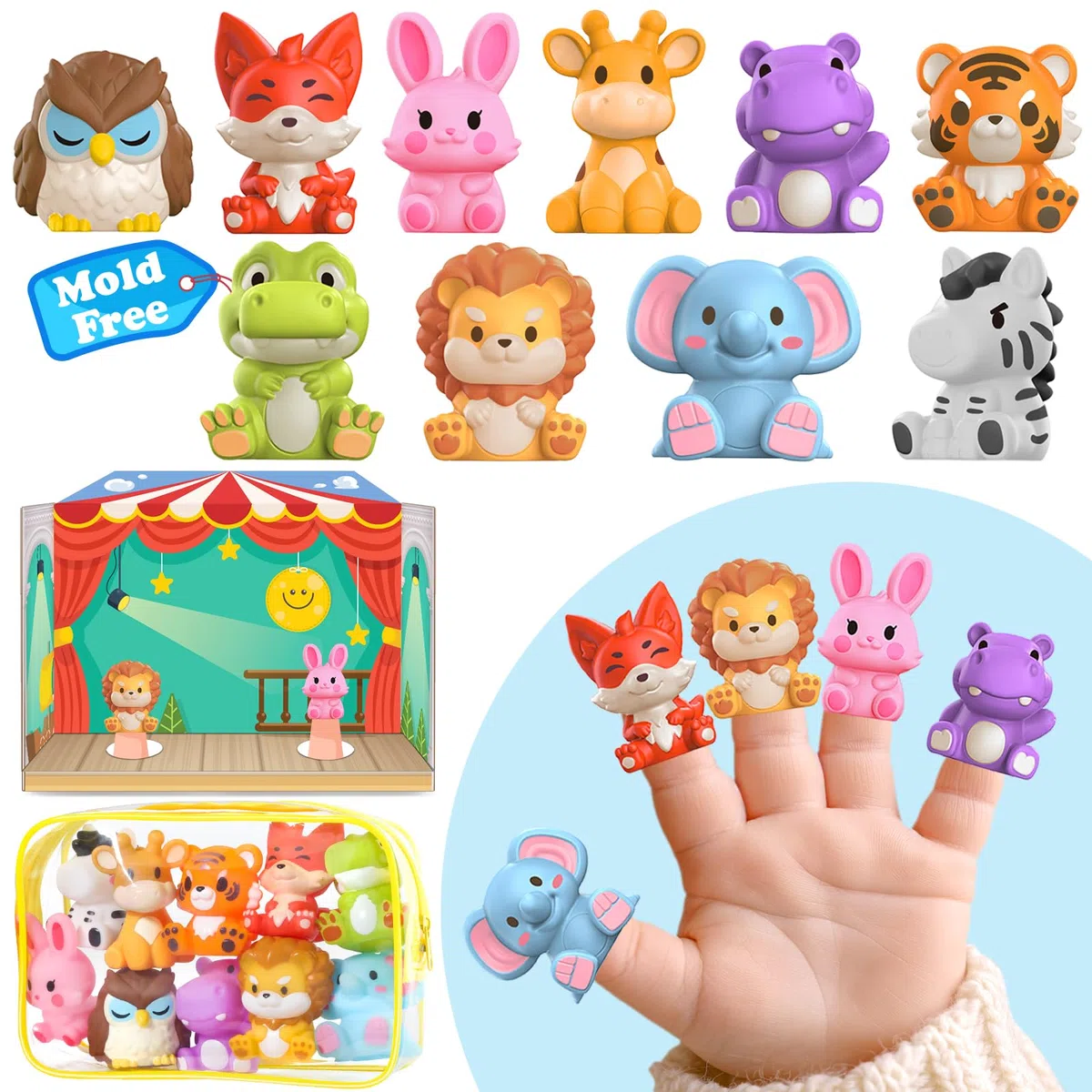 Oriate Safari Animali Bambole da dita per bambini, Story Time Baby Animali Bambole con piattaforma di gioco per giochi di ruolo, Mold Free Dita Bambole Baby Pasqua giocattolo da bagno con sacchetto di