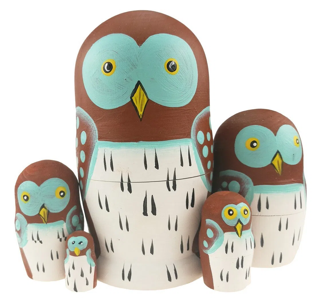 Set di 5 adorabili bambole a forma di gufo, giocattolo impilabile in legno, fatto a mano, per bambini, novità per feste a forma di animale e regali ornamentali