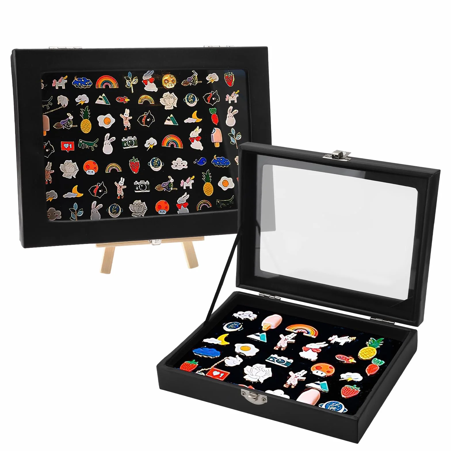 Vetrina in velluto nero,Vetrina della collezione Pin con stoccaggio in ordine trasparente per spille da bavero in velluto con supporto in legno e chiusure in ferro per