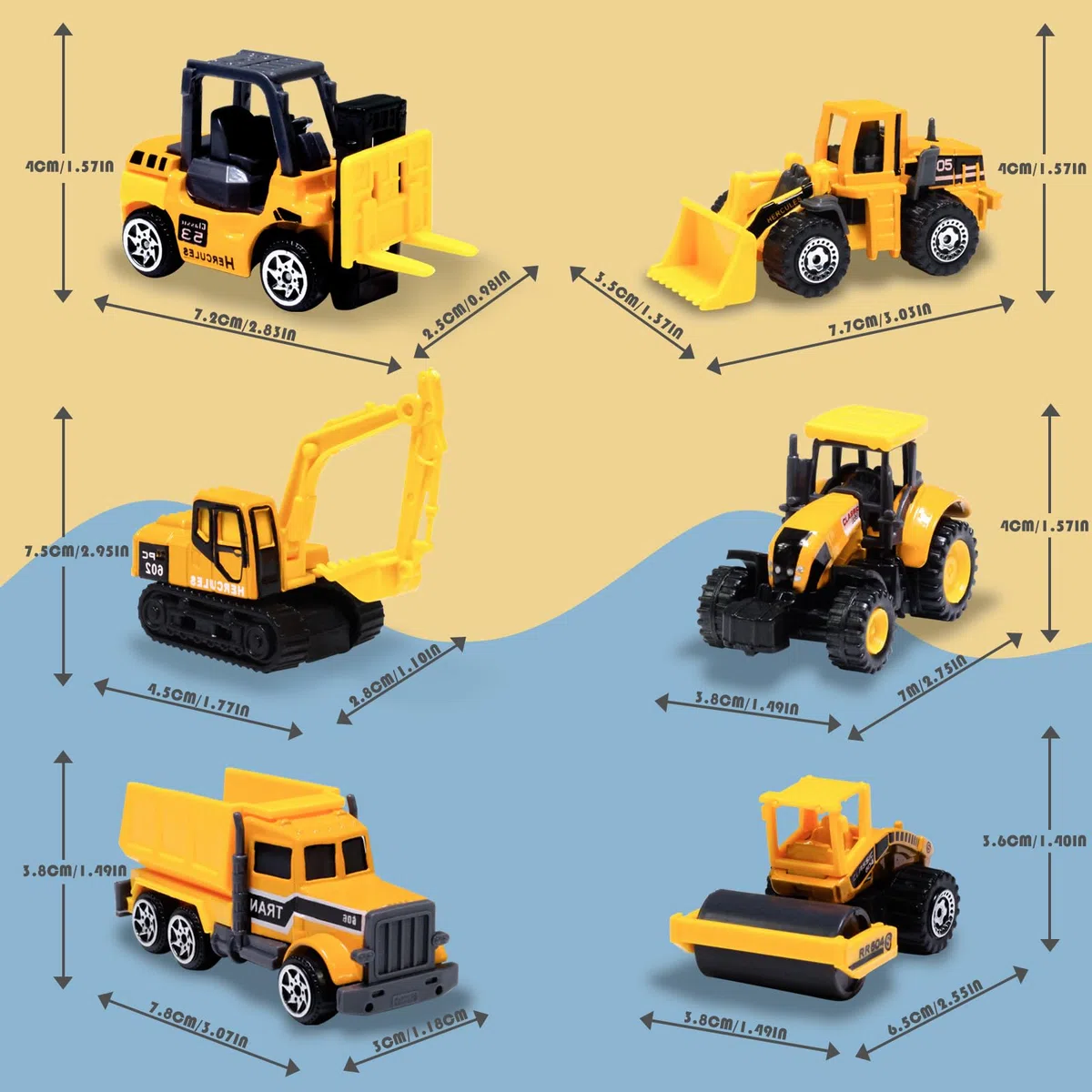 Oriate Veicoli da cantiere, set da 6 pezzi, bulldozer, carrello elevatore, escavatore e altre auto giocattolo educative per interni ed esterni, mini modelli di auto, regalo per la festa dei bambini