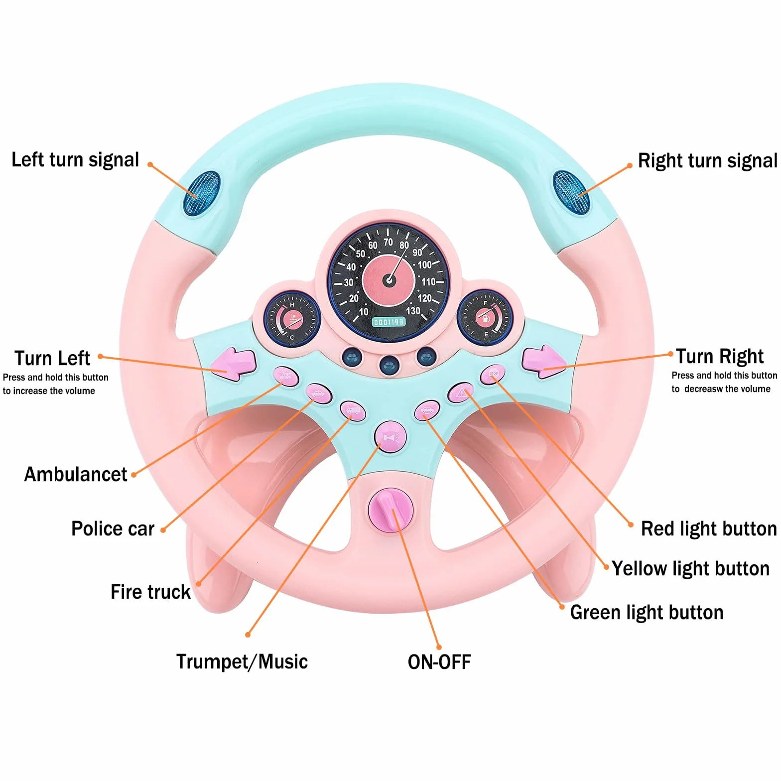 deAO Volante Auto Bambino Simulatore di Guida Bambino Volante Portachiavi con Rotazione a 360°, Funzioni sonore e Luminose (Rosa)