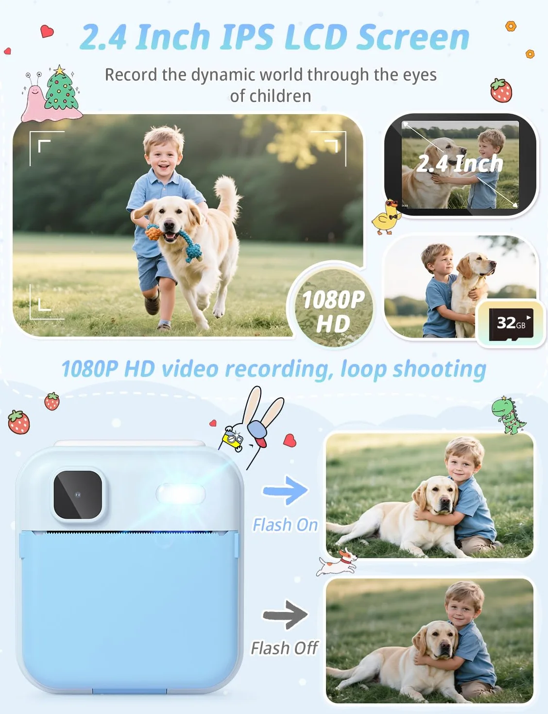 YOHOOLYO Macchina Fotografica Bambini Istantanea 2.4 Pollici, 1080P HD con scheda SD da 32GB, 6 penne colorate e 3 rotoli di carta da stampa, regalo per bambini da 3 a 14 anni-Rosa (Blu)