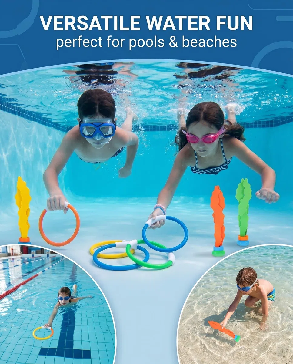 7 Pezzi Giocattoli Subacquei: 4 Anelli e 3 Alghe per Bambini Colorati, Ideali per Allenamento Nuoto, Giochi Piscina Estivi e Divertimento Acquatico Sicuro e Resistente