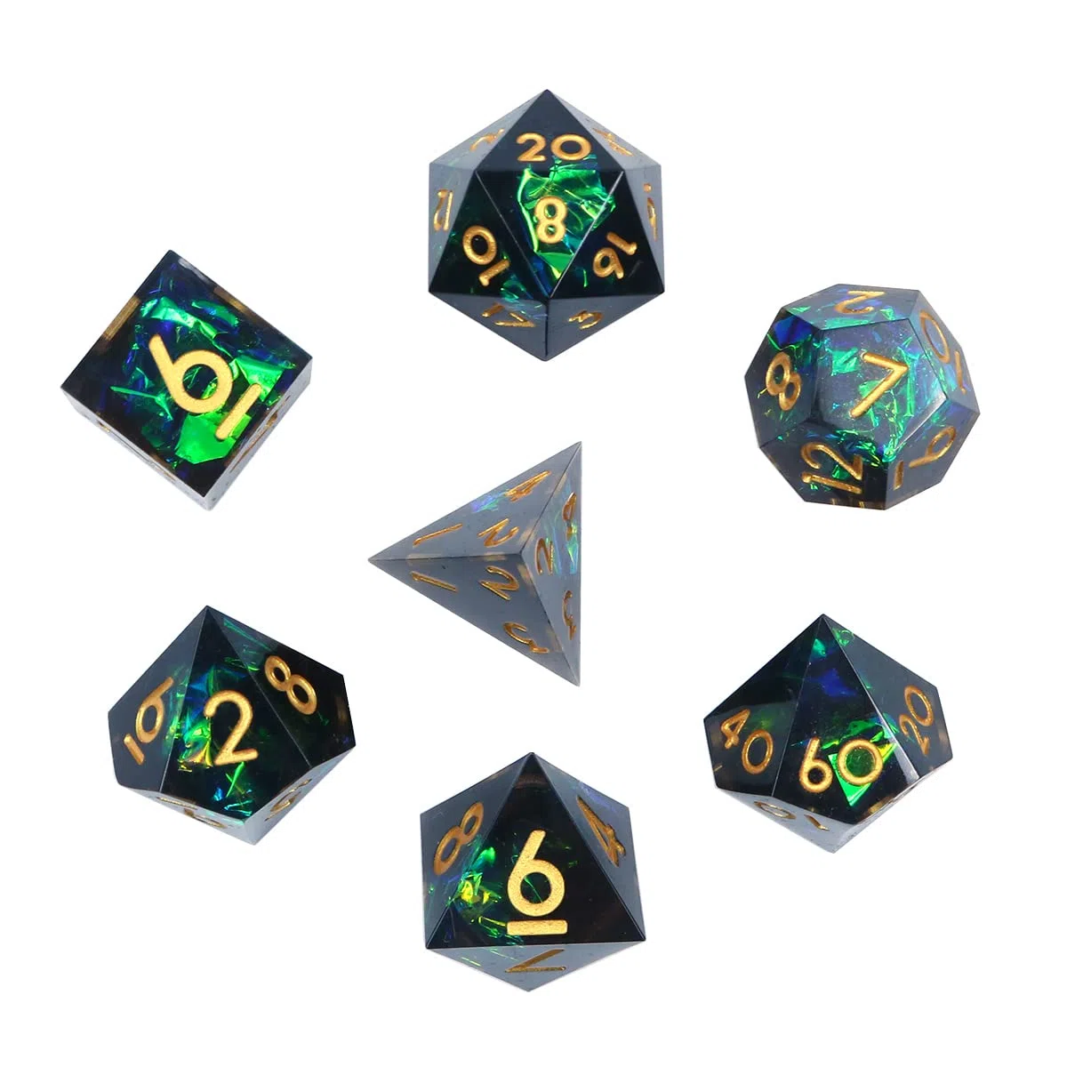 DollaTek Set di Dadi DND Trasparenti in Resina di Lusso - Poliedrici Rpg D4 D6 D8 D10 D12 D20 - Nero e Verde